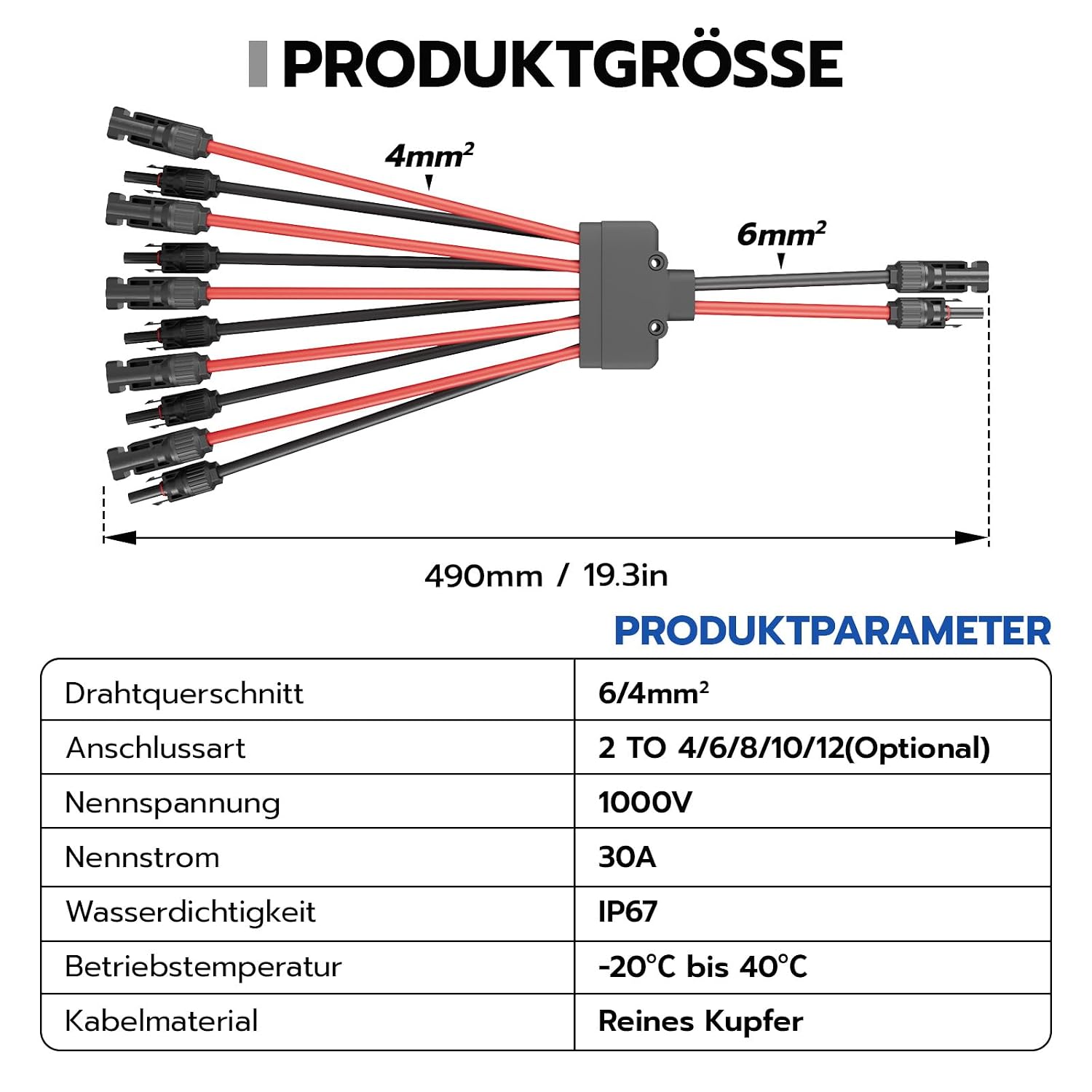 Detalle 2 de WSPIHO Y-Verteiler & Solarkabel-Verteiler 2–10 Wege, 30A DC 1000V, MMF/FFM Photovoltaik Stecker – für Solaranlagen