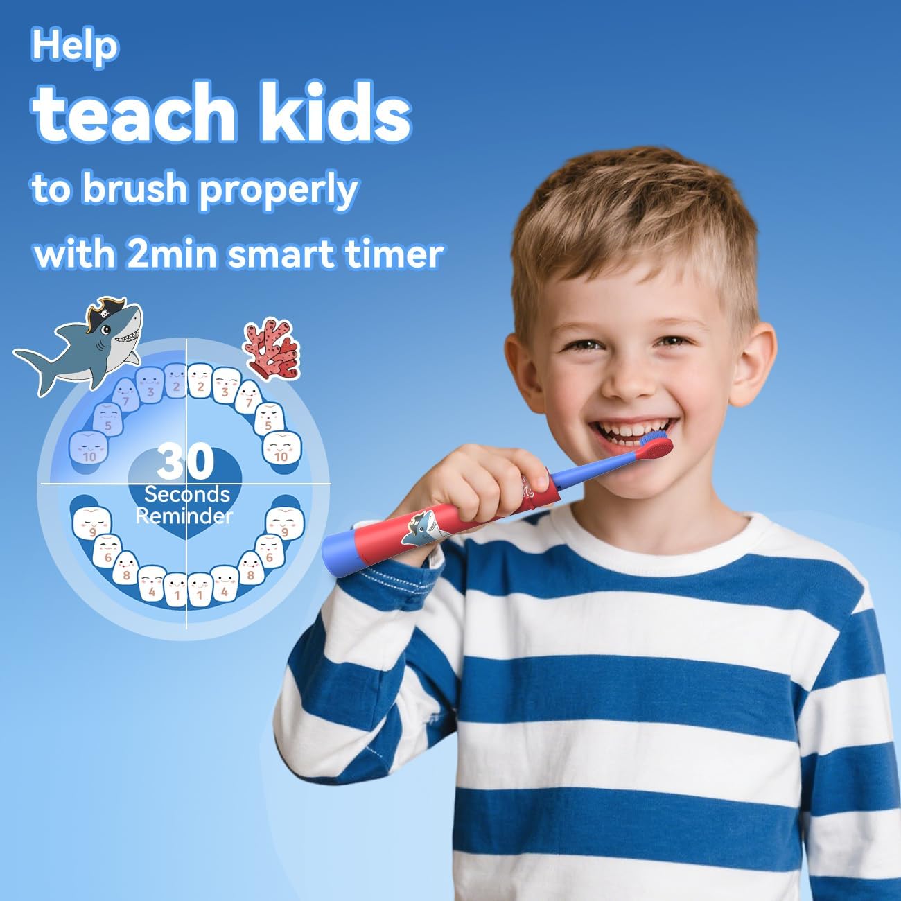 Detalle de JTF Kids Electric Toothbrush (3–6–12) with 4 Brush Heads, 5 Modes, Timer & IPX7