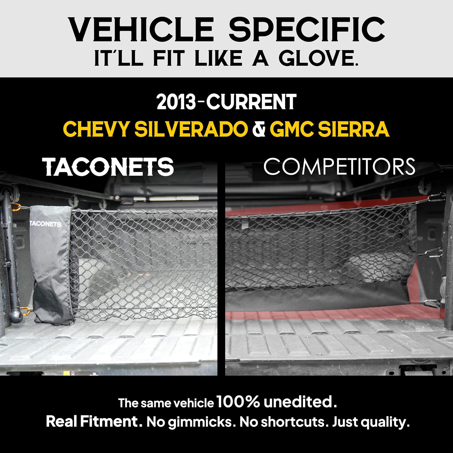 Detalle de TacoNets Envelope Cargo Net for GMC Sierra & Chevy Silverado (2013–Current) – Upgraded 5mm Bungee, Integrated Storage Bag, Heavy-Duty Carabiners