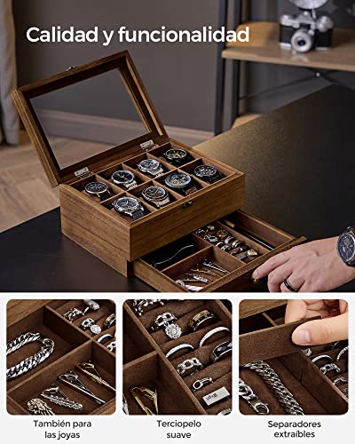 Detalle de SONGMICS Caja de Relojes con 8 ranuras y tapa de cristal, JOW008K01