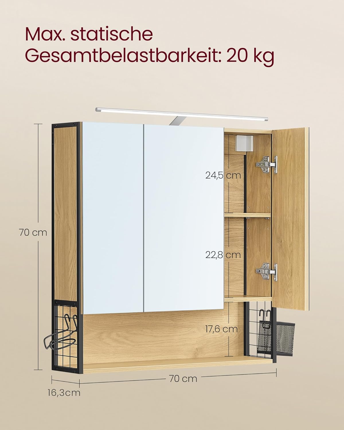Thumbnail 2 de VASAGLE Spiegelschrank Bad mit Beleuchtung, Natureichenfarben BBK124Y01 – 14,5 x 70 x 70 cm