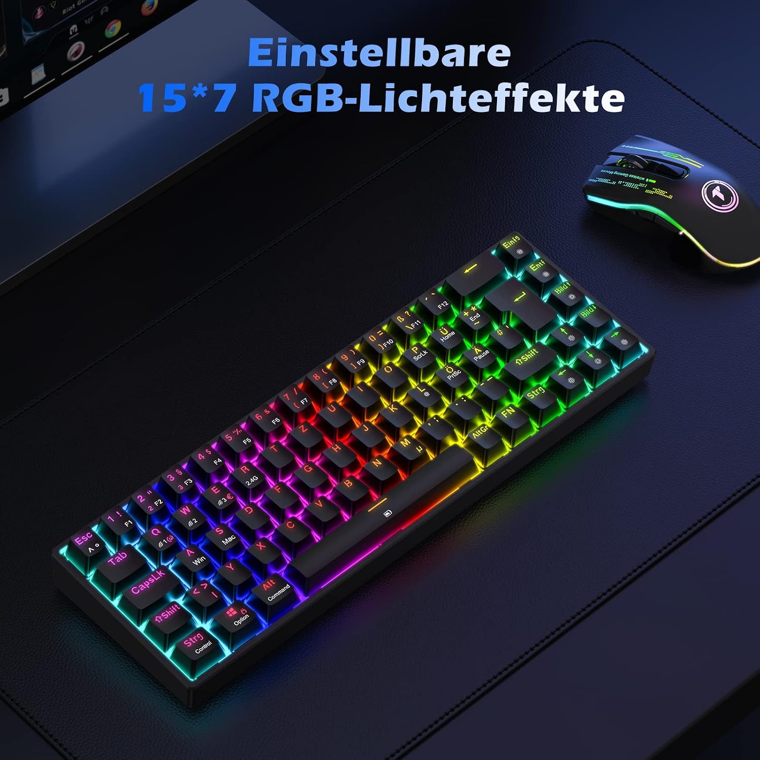 Detalle de TECURS Gaming Tastatur Kabellos – 65% TKL Mechanische Tastatur mit roten Switches, QWERTZ Deutsches Layout