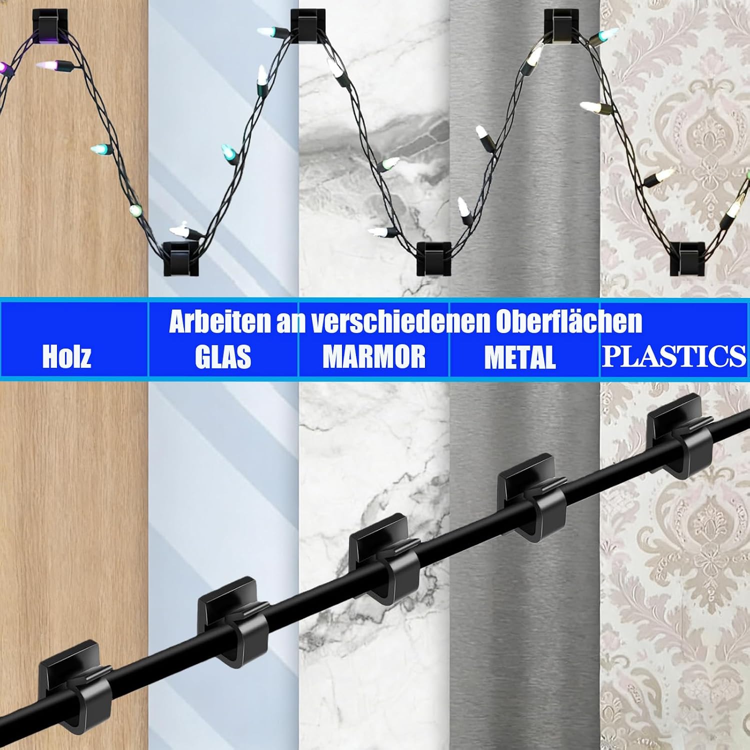 Detalle de KLJ Kabelhalter-Haken für Lichterketten, selbstklebende Kabelclips (Schwarz), 100er Set