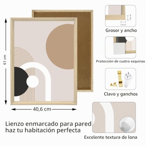 Detalle de 3 Pcs Mediados Siglo Geométrico: Líneas y Cuadros con Marco – Blanco/Marrón (40x60 cm) de FajerminArt