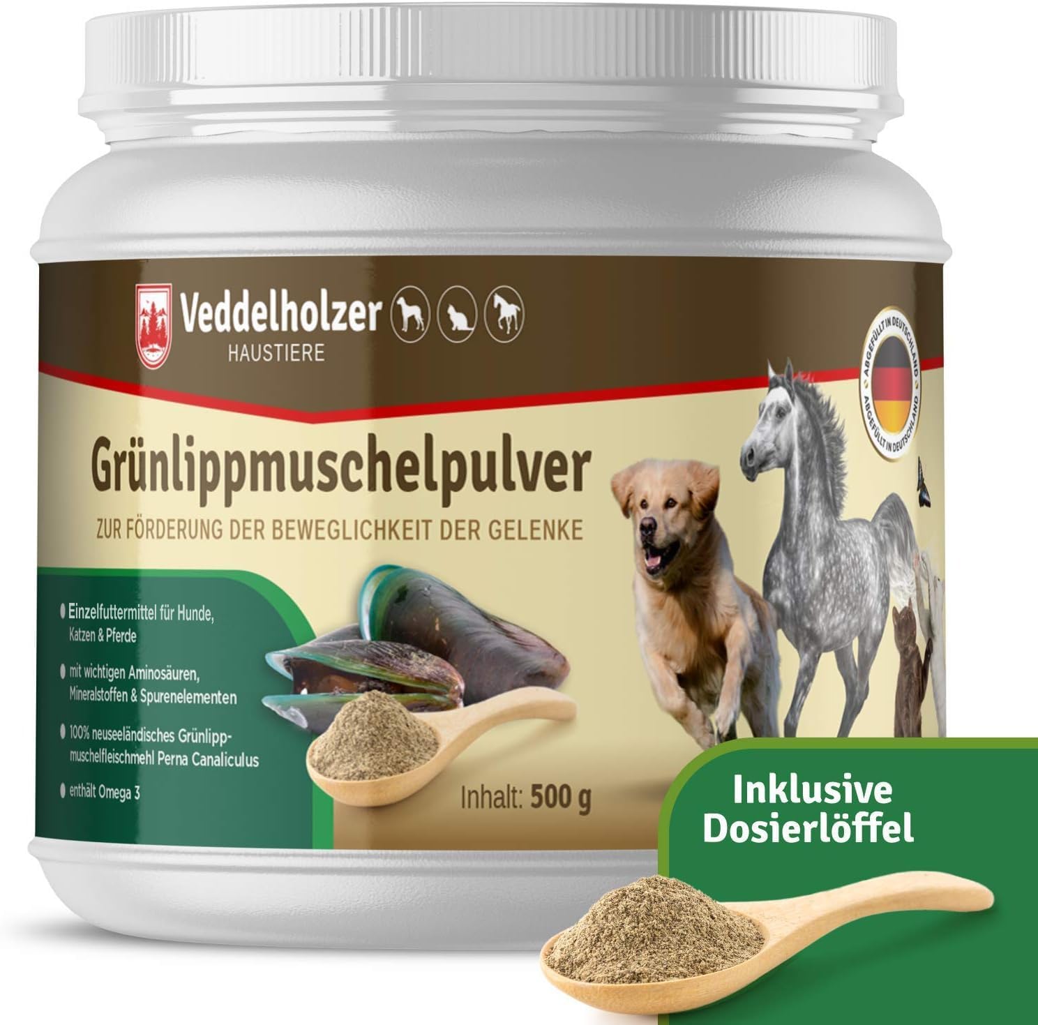 Detalle de Veddelholzer Natürliches Grünlippmuschelpulver für Hunde (500 g) – natürliche Nahrungsergänzung mit Grünlippmuschelextrakt