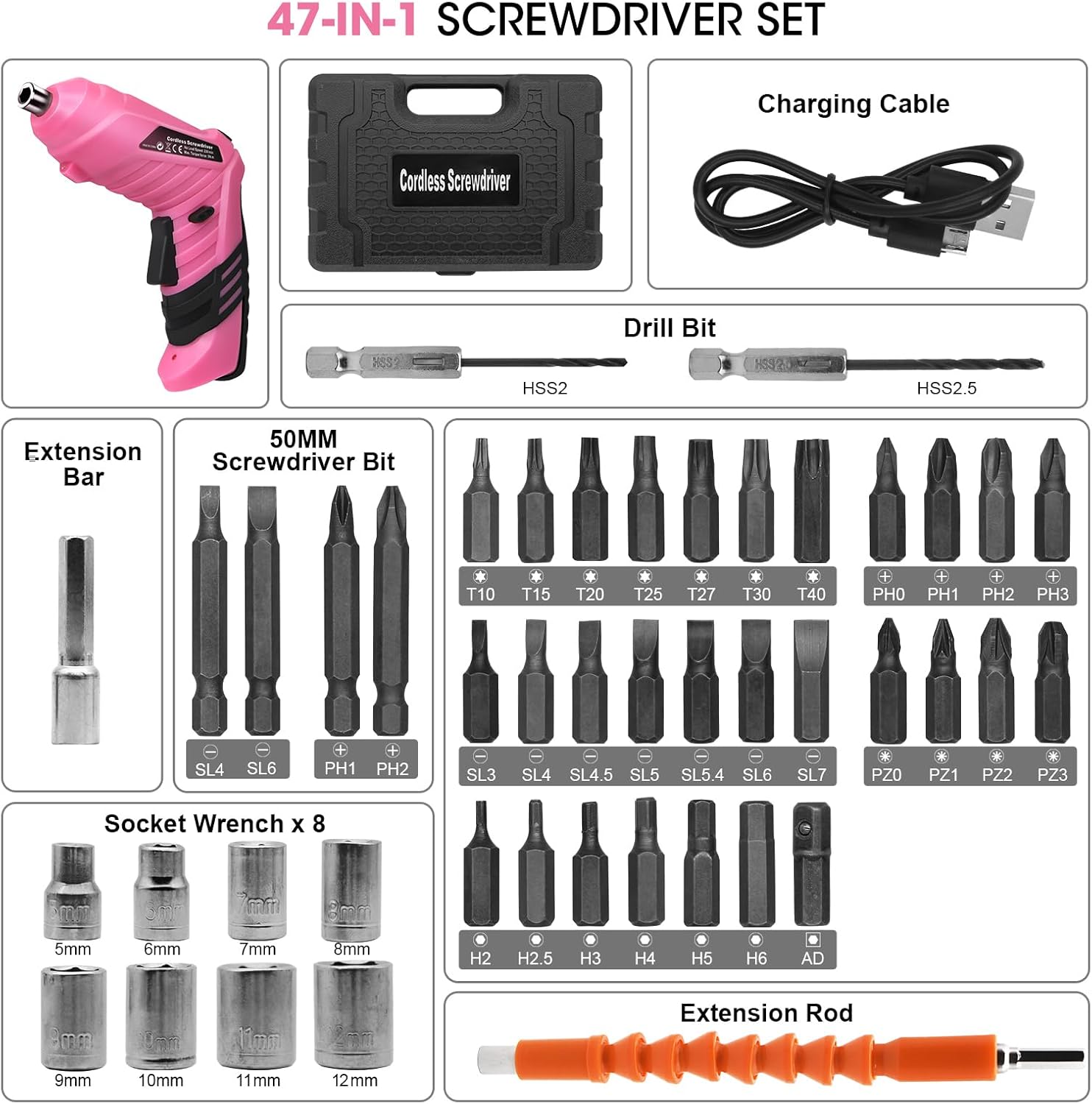 Thumbnail 6 de Electric Drill Screwdriver 49-in-1: Portable Cordless Set with LED, 2-Position Handle and USB Charging