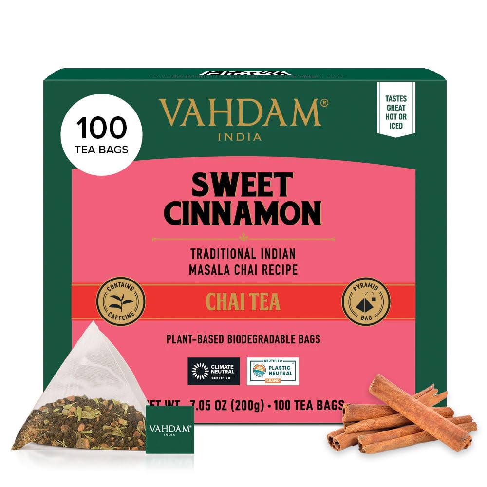 Detalle de VAHDAM Süßer Zimt Masala Chai Tee – 100 Pyramid Teebeutel, Assam Schwarztee mit Zimt & Kardamom