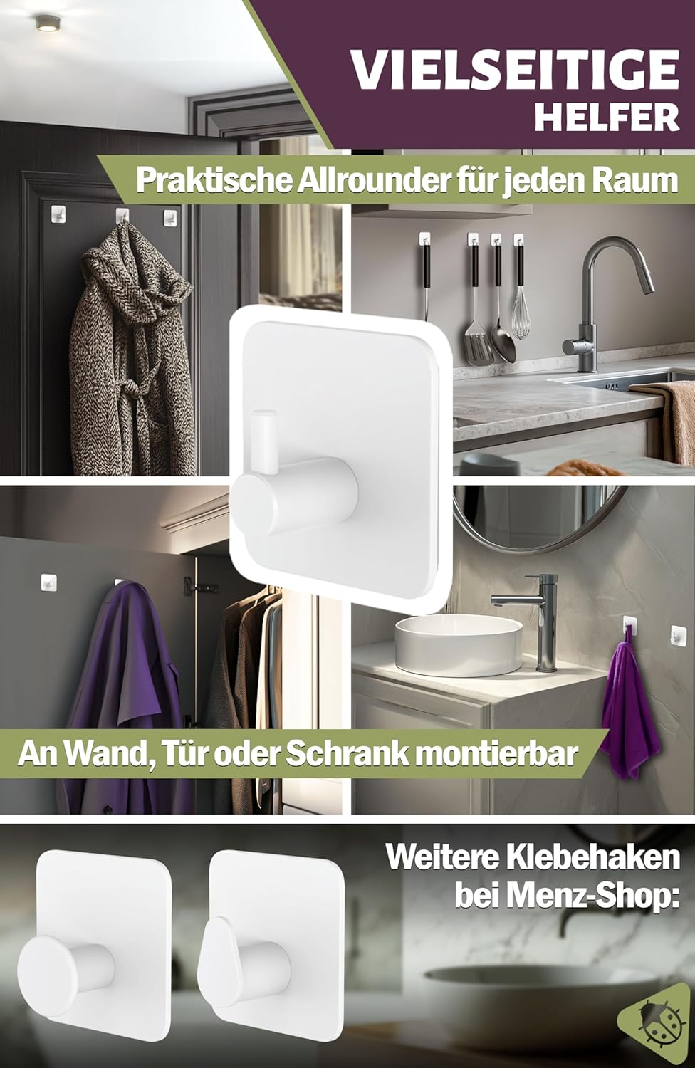 Detalle 2 de Menz Handtuchhaken ohne Bohren – 6er Set weiße Edelstahl-Klebehaken mit 3M-Klebepads