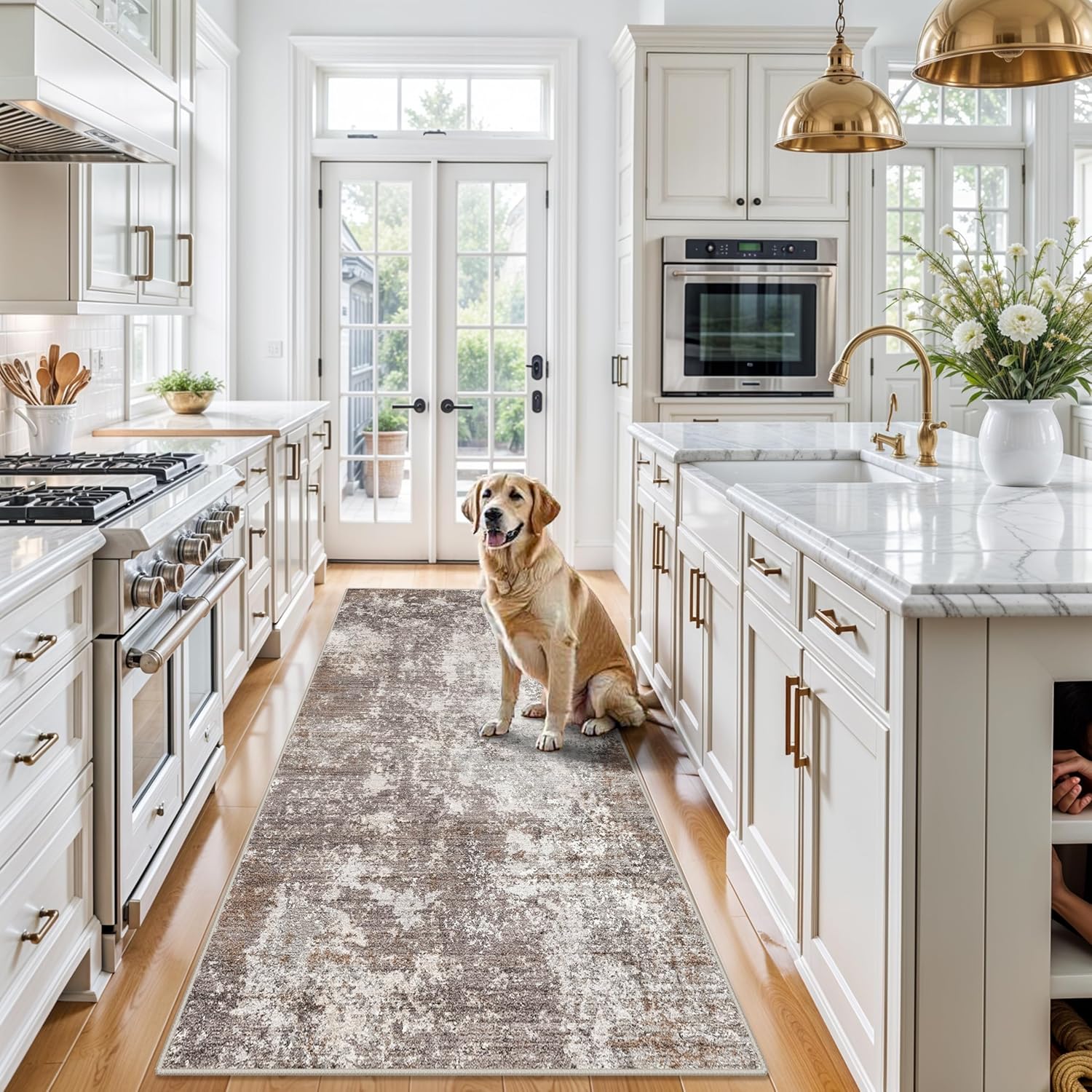 Thumbnail 2 de 4x8 Washable Indoor Entryway Rug with Non-Slip Rubber Backing (Brown Beige) — Modern Abstract Low-Pile Runner