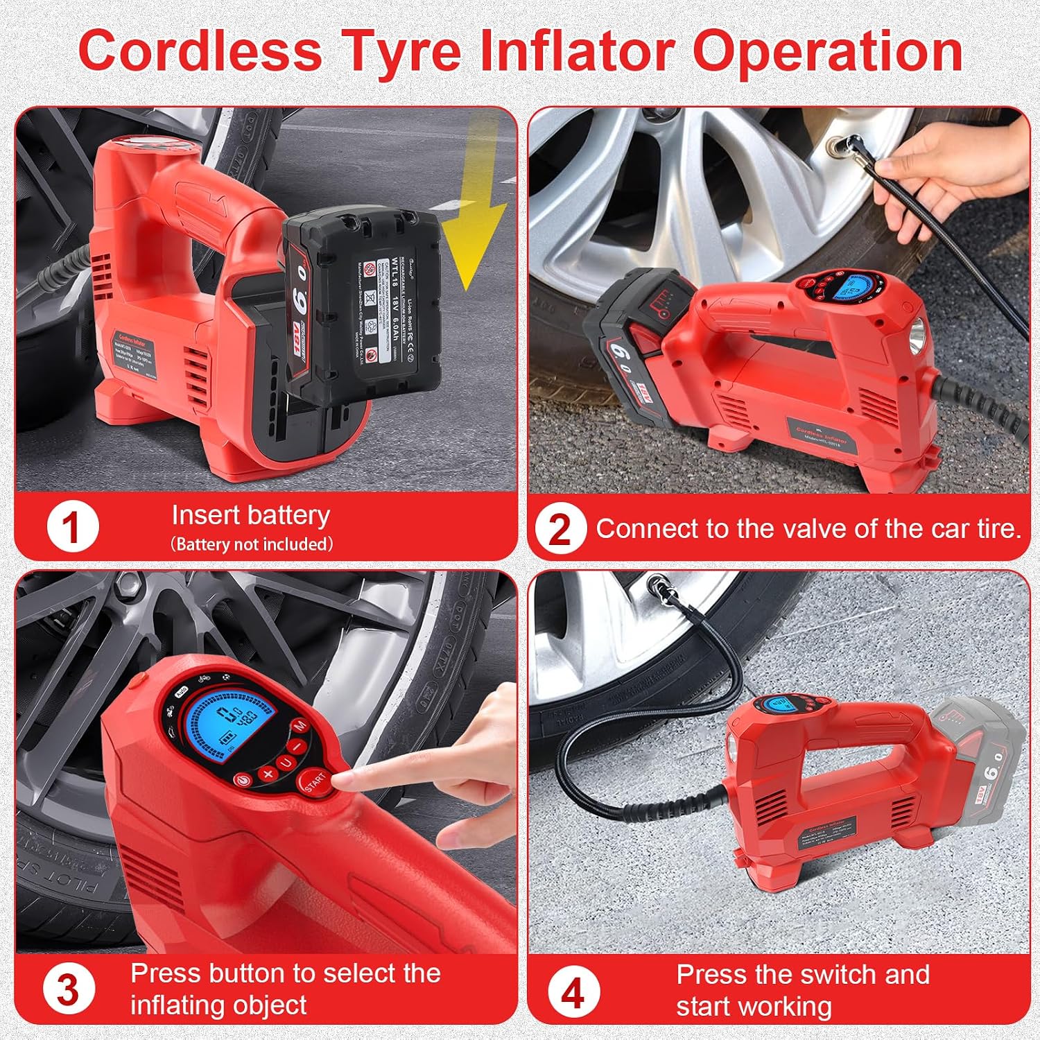 Thumbnail 5 de QUPERR Cordless Tyre Inflator Air Compressor (Milwaukee M18 Compatible) – 150 PSI, Digital Gauge