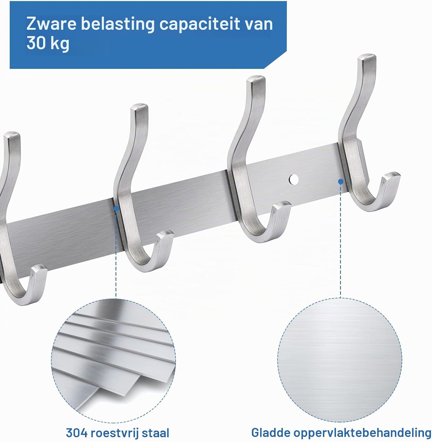 Detalle 1 de MEIJO 1 wandkapstok met 6 dubbele haken, RVS, zilverkleurig, 2 stuks
