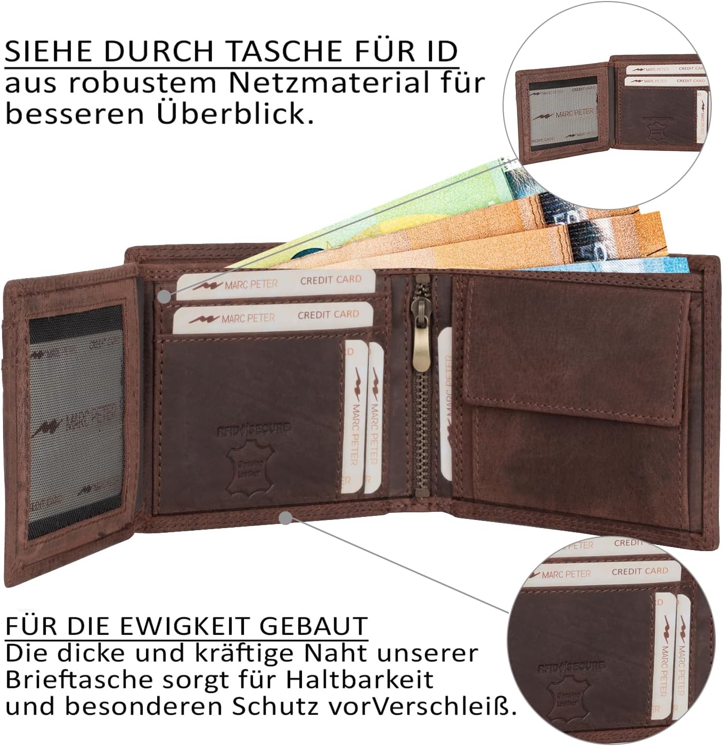 Detalle de Marc Peter® Echt-Leder Geldbörse Hanover – RFID-Schutz, 10 Fächer, Vintage Braun