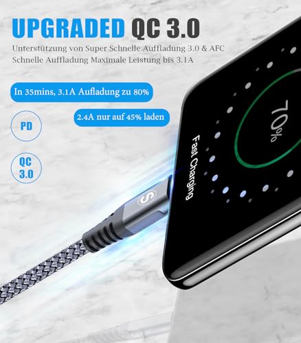 Detalle de sweguard USB C Kabel 3.1A – 2 Stück, 3 m: Nylongeflochtenes Schnellladekabel für eine breite Kompatibilität