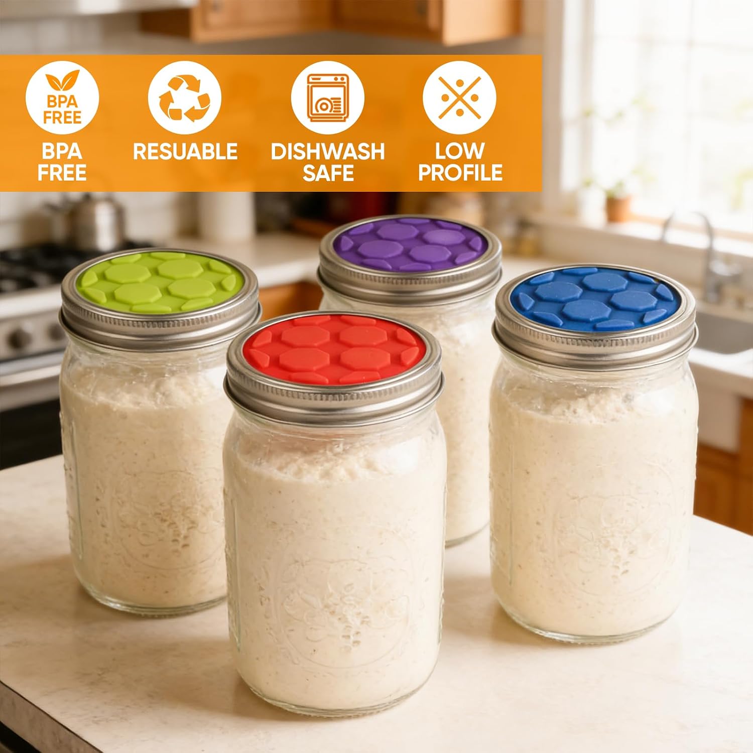 Detalle 2 de OAKDOLCHE Model 4 Silicone Fermentation Lids for Wide-Mouth Mason Jars, 4-Pack