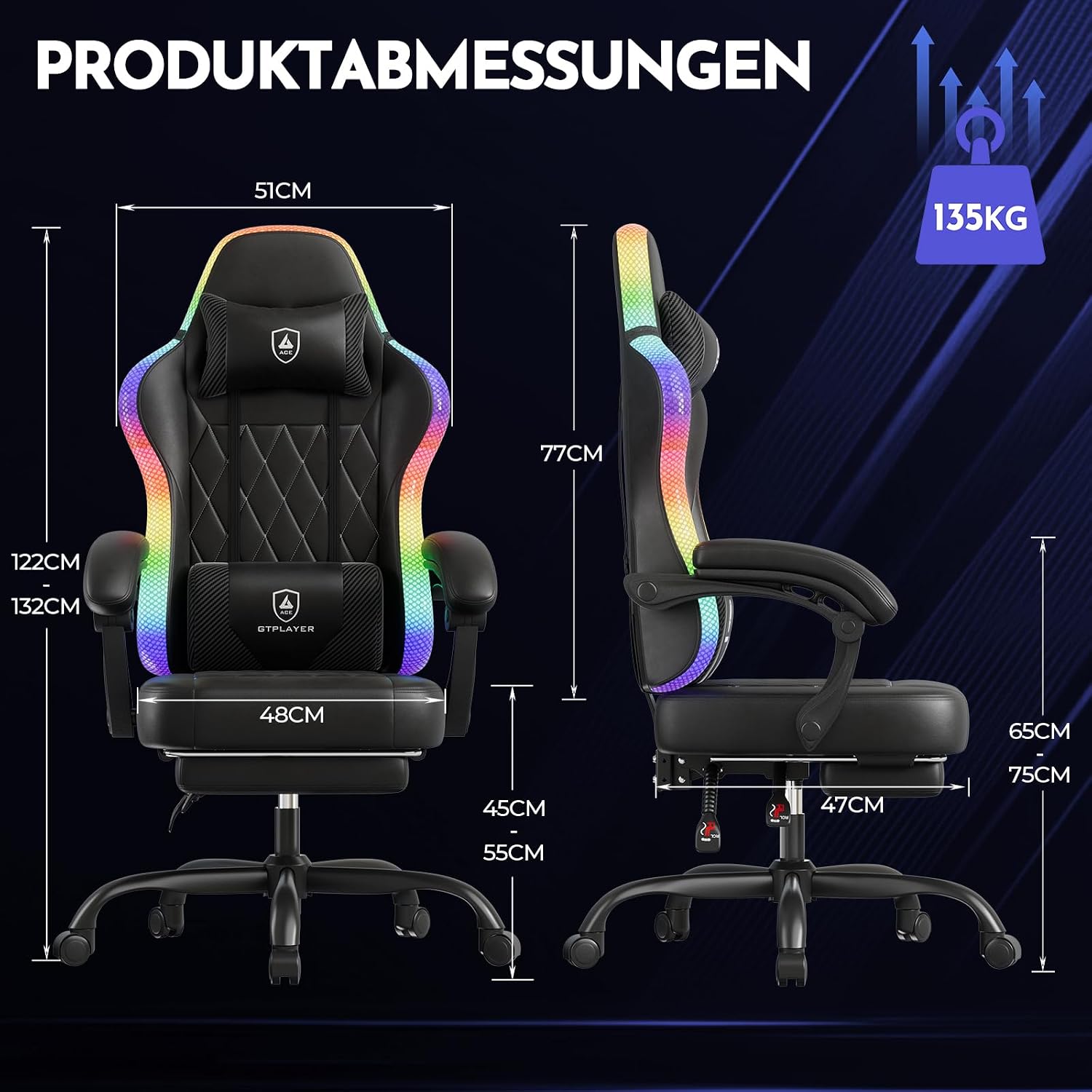 Detalle 2 de Gaming Stuhl GTPLAYER mit LED, bis 150 kg