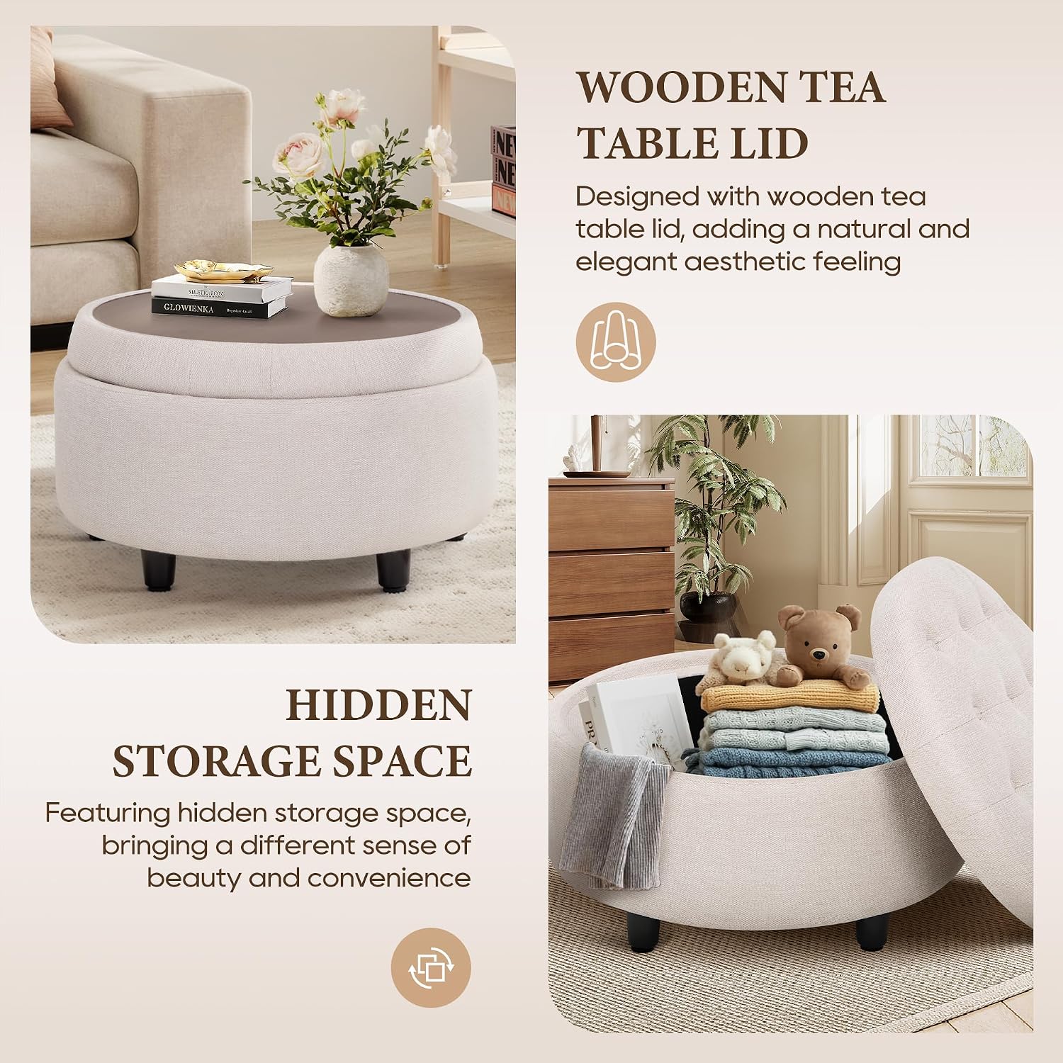 Detalle de COLAMY Round Storage Ottoman, Beige