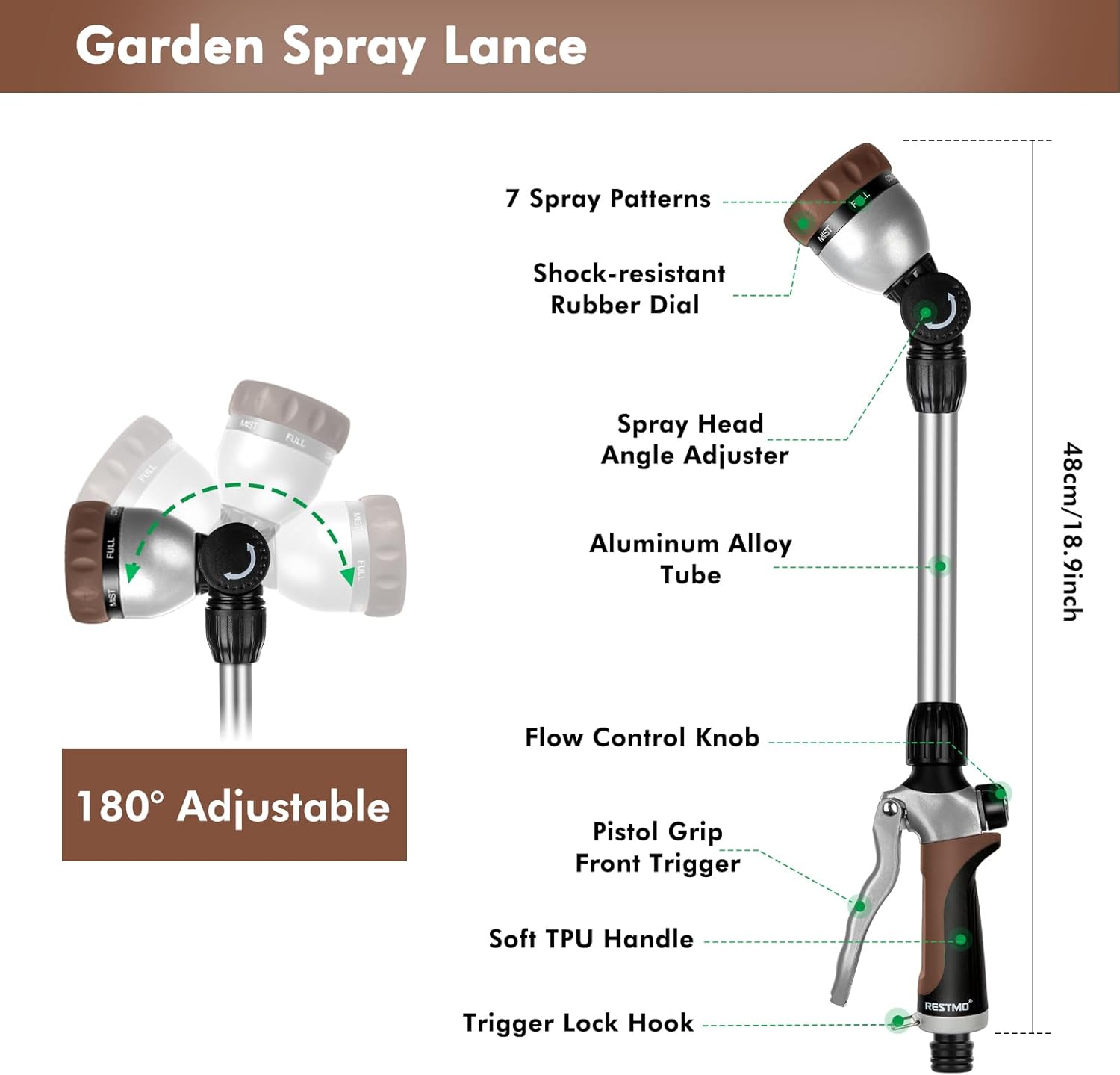 Thumbnail 1 de RESTMO 48cm Watering Lance with 180° adjustable ratcheting head and 7 spray patterns