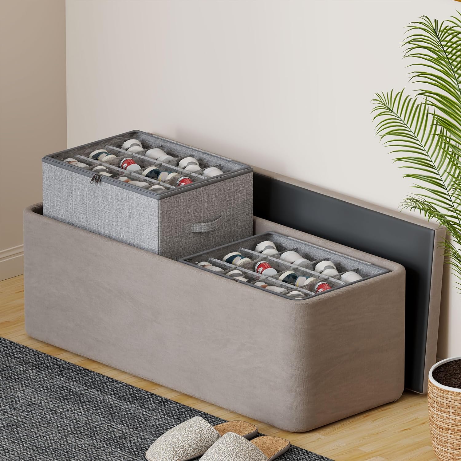 Detalle 2 de WANGIRL Fabric Shoe Storage Box (Grey) – Foldable organiser for 12 pairs with clear zip lids