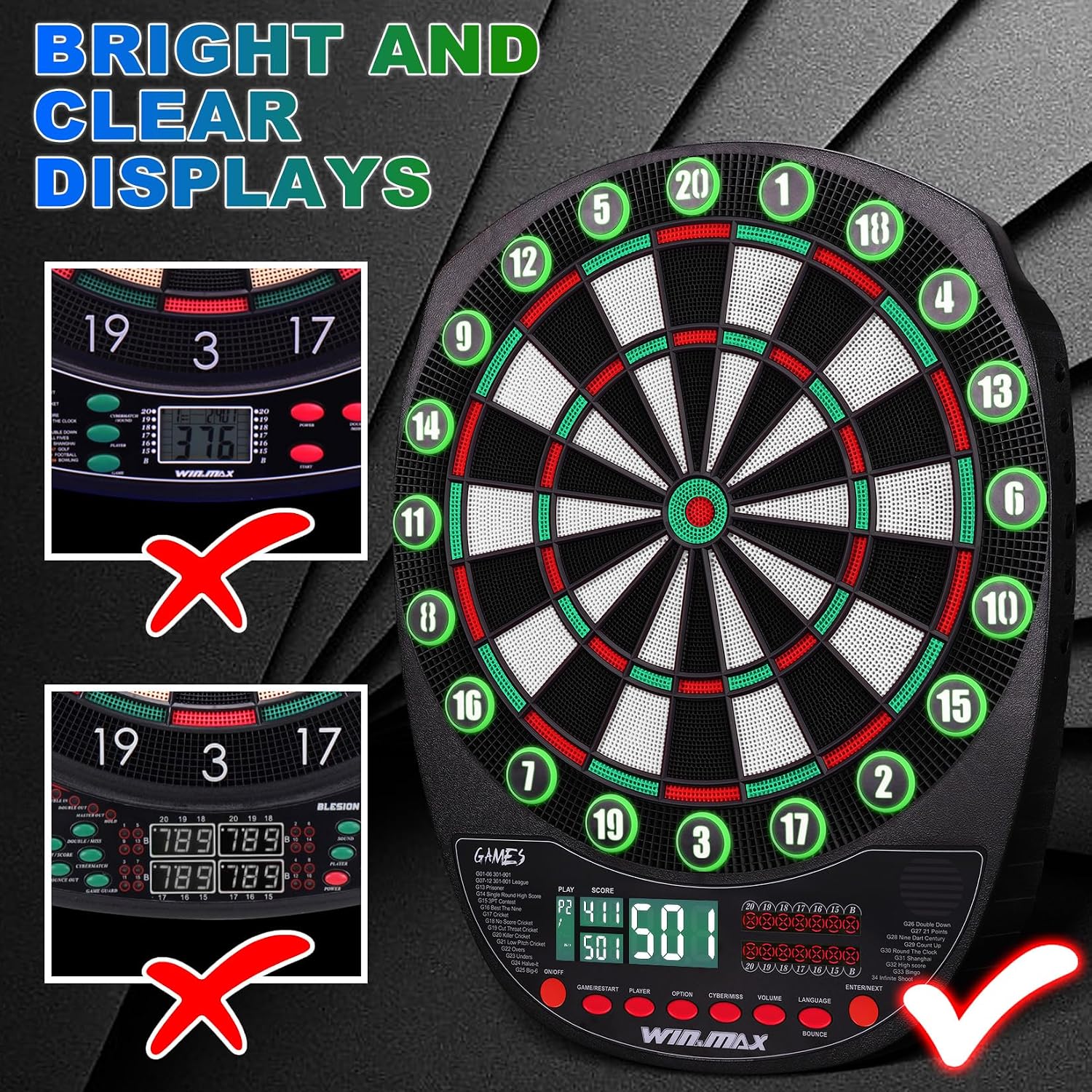 Thumbnail 6 de WIN.MAX elektronisch dartbord met 34 spellen, 354 varianten en 3 ledschermen