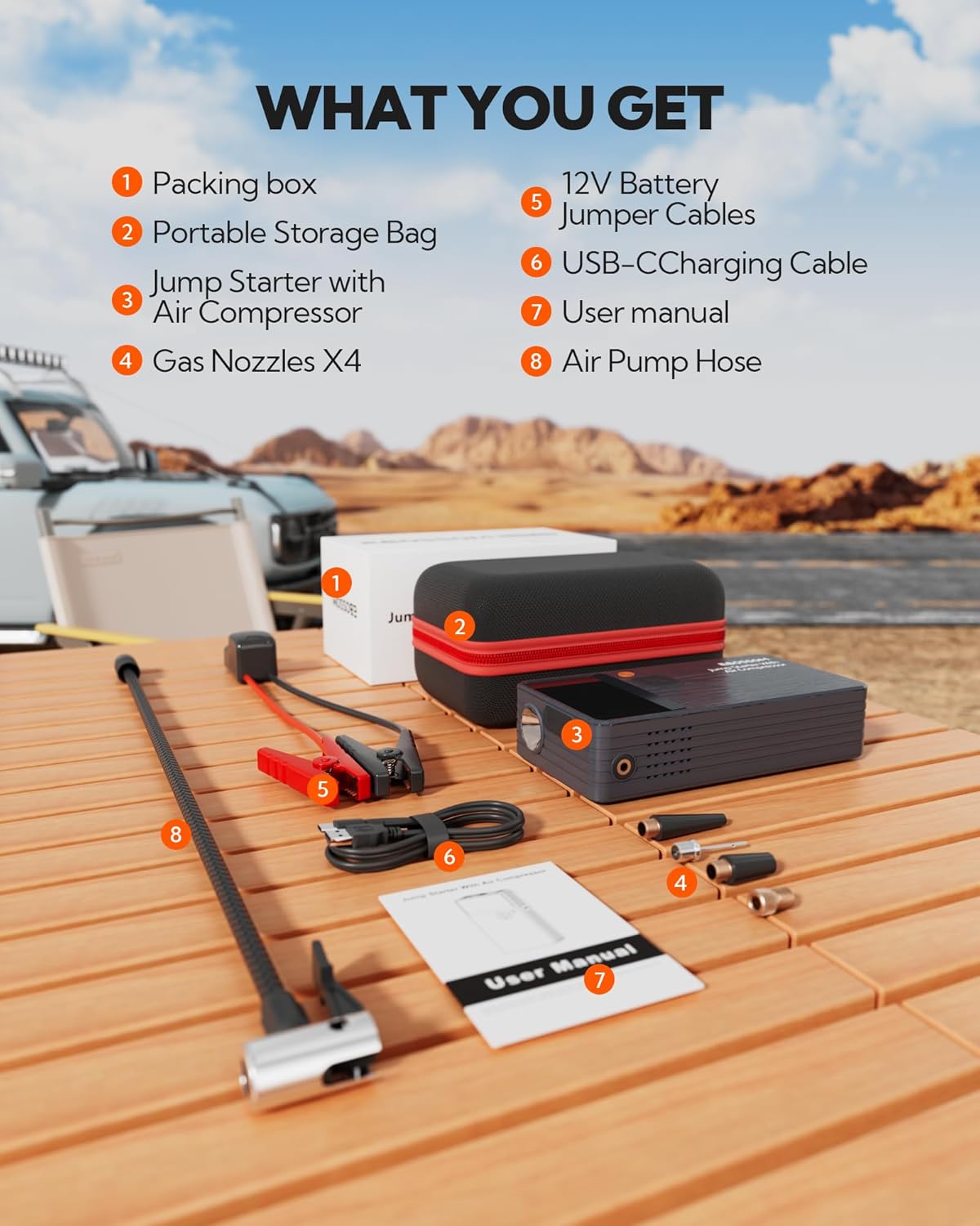 Thumbnail 6 de EBOSSOM Booster Avviamento Auto Spark JC8 da 8.000 mAh con compressore aria portatile e kit 7 in 1