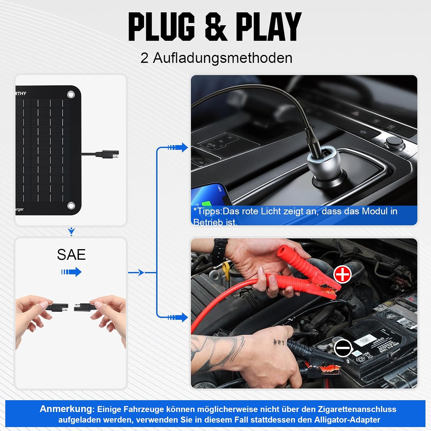 Detalle 2 de ECO-WORTHY 12 Volt 10 Watt Solar-Erhaltungsladegerät für Autobatterie (mit Krokodilklemmen & Zigarettenanzünderadapter)