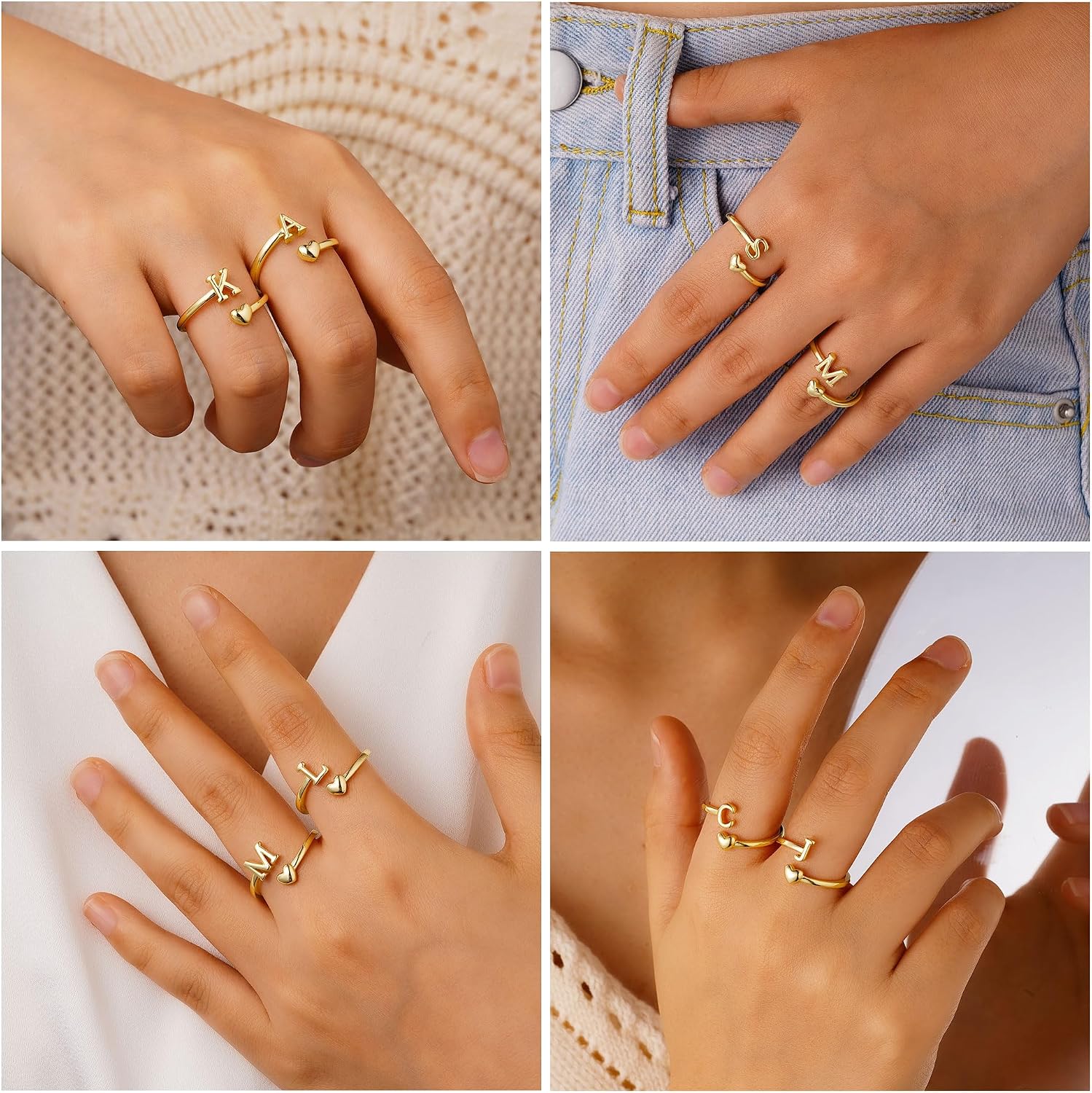 Detalle 2 de Anello TINGN con cuore e iniziali, oro 14K placcato, impermeabile, regolabile – regalo elegante per donna e ragazza
