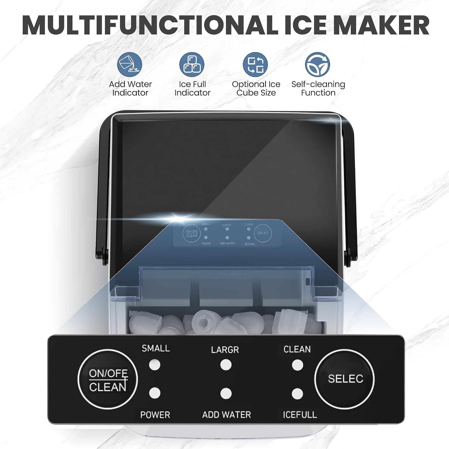 Detalle de DUMOS ZBJ-PP10A Countertop Ice Maker with Handle, 26 lb/24h, 2 Sizes