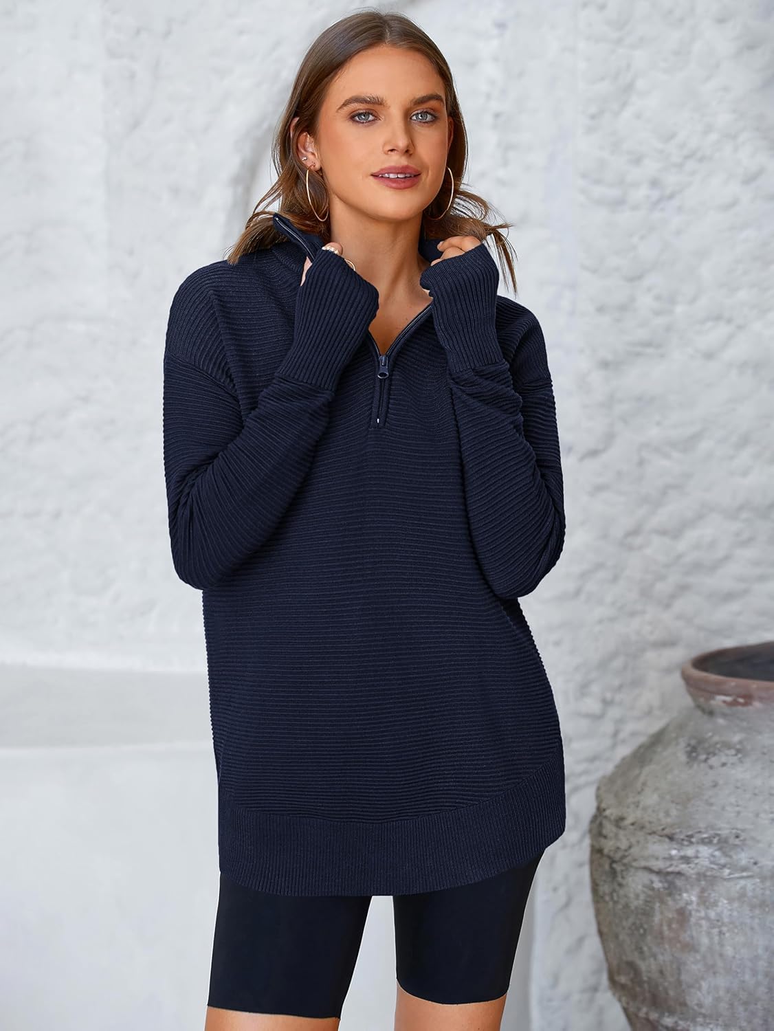 Thumbnail 2 de PRETTYGARDEN Womens Long Sleeve Quarter Zip Pullover Sweater with Thumb Holes