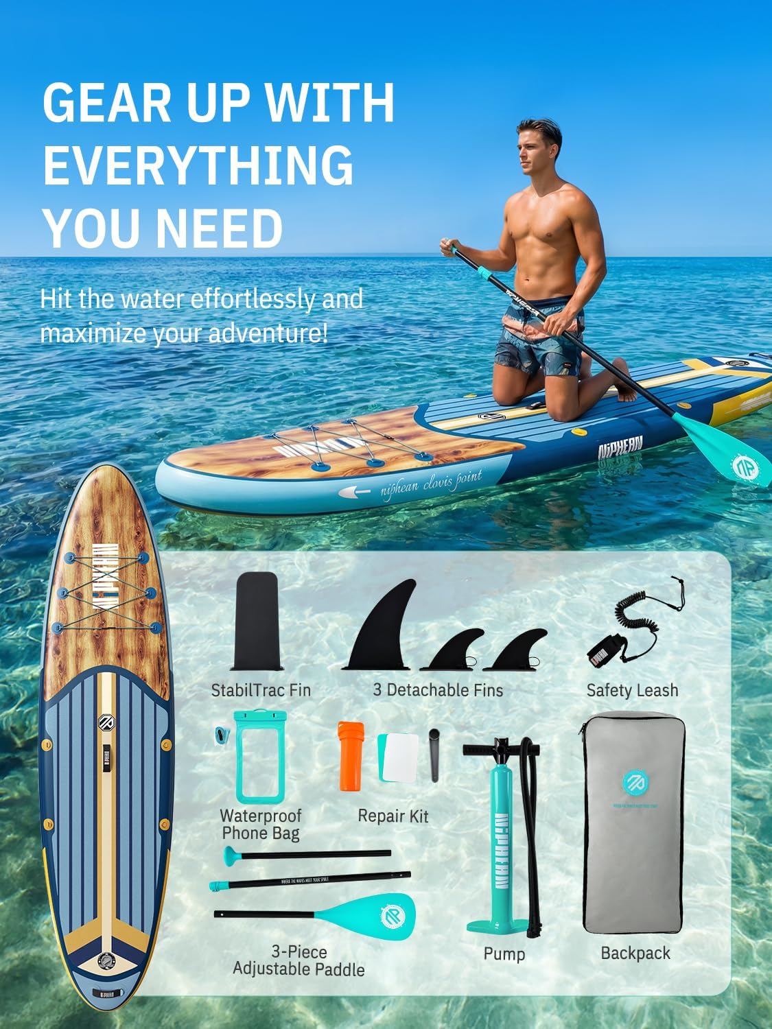 Detalle de Niphean 10’6" Inflatable Stand Up Paddle Board (SUP) with Anti-Slip EVA Deck and SUP Accessories