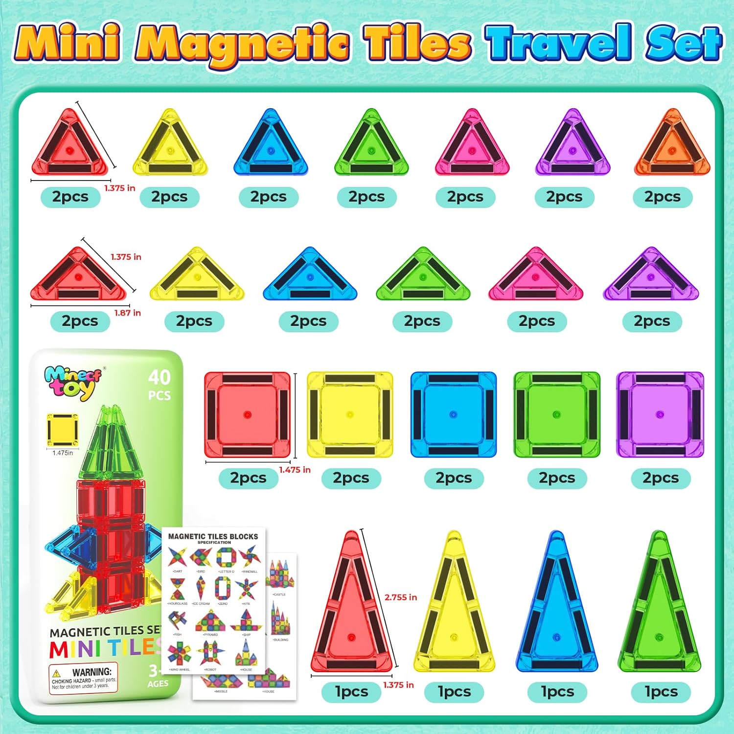 Detalle de 40PCS Mini Magnetic Tiles 40-piece set for toddlers 🧩