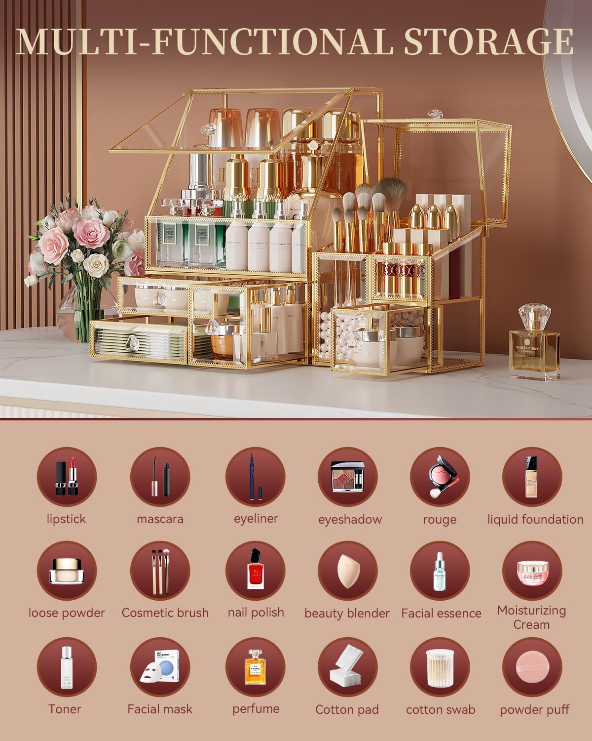 Detalle de CoralHouse 3-Piece Glass Makeup Organizer with Lid — Gold Frame