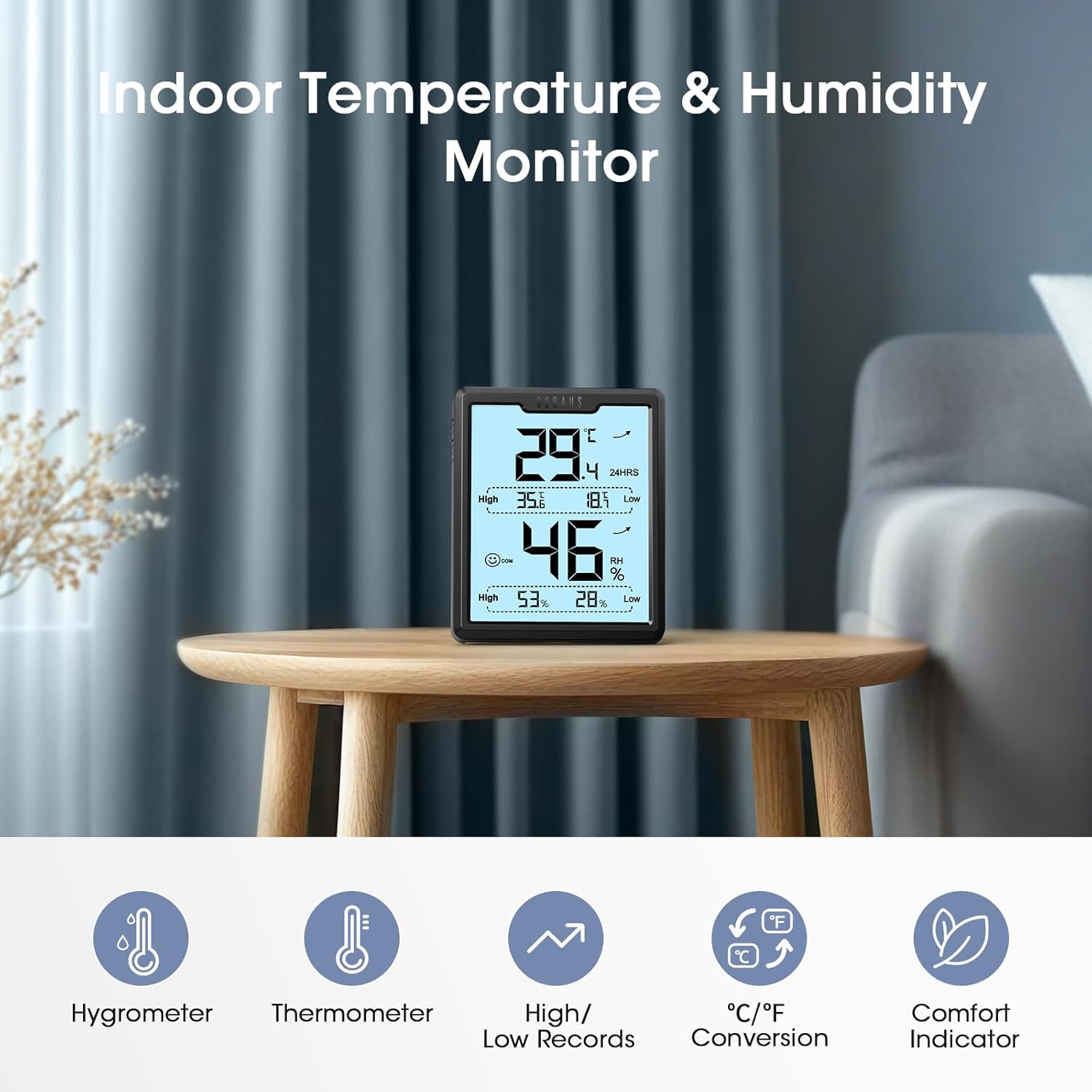 Thumbnail 1 de DOQAUS Room Thermometer & Thermo-Hygrometer (Digital, 3.4in LCD, High/Low History) for Nursery, Greenhouse & Basements