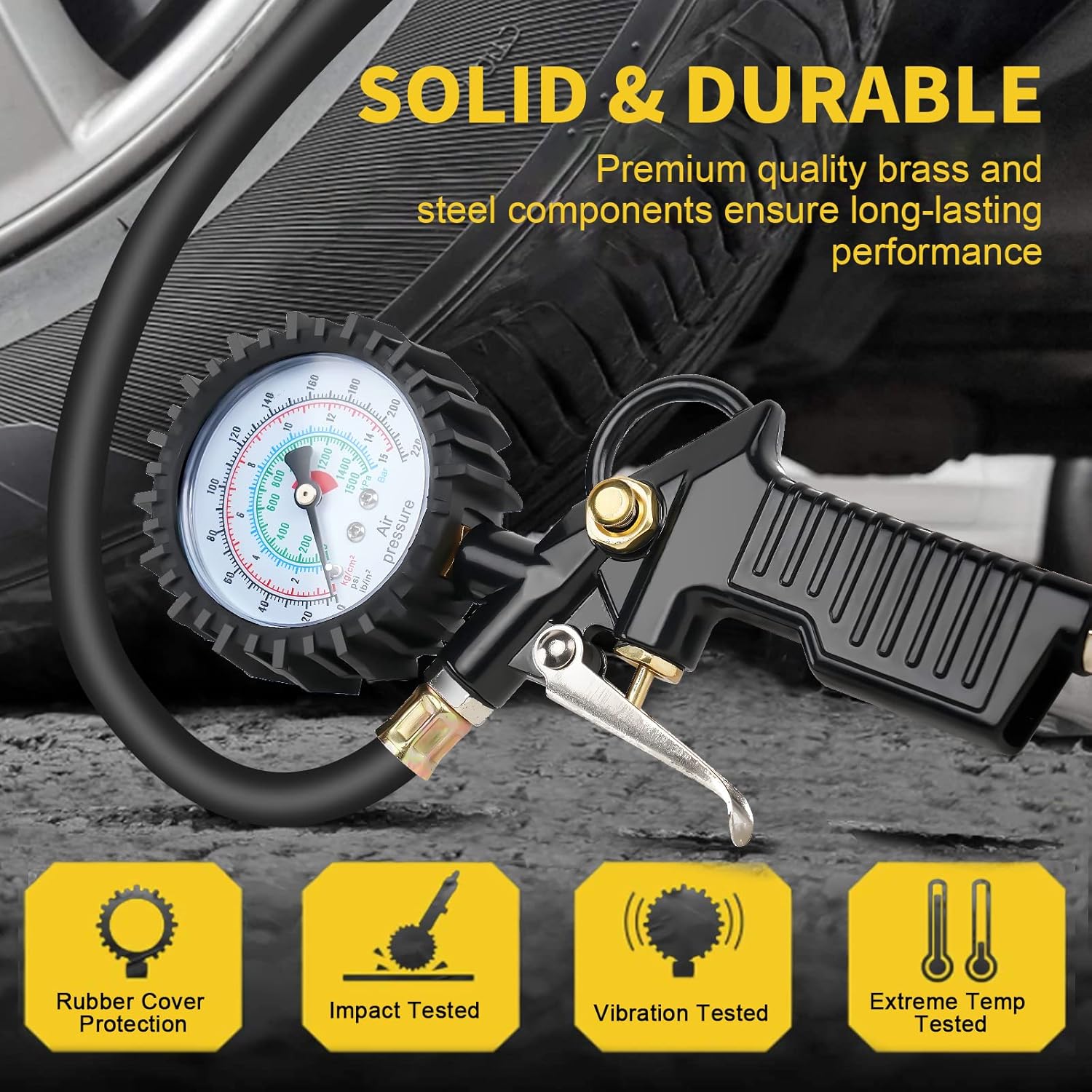 Detalle de VSSHE Tyre Pressure Gauge – 220 PSI with Rubber Hose and Valve Core Tool