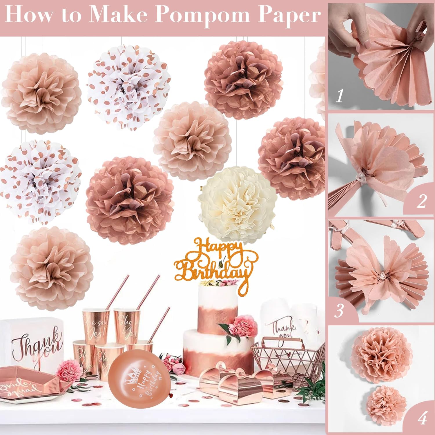 Thumbnail 5 de QGKFFOB Geburtstagsdeko Set in Roségold/Weiß mit „Happy Birthday“-Banner, Konfetti-Ballons, Pompons & Girlande