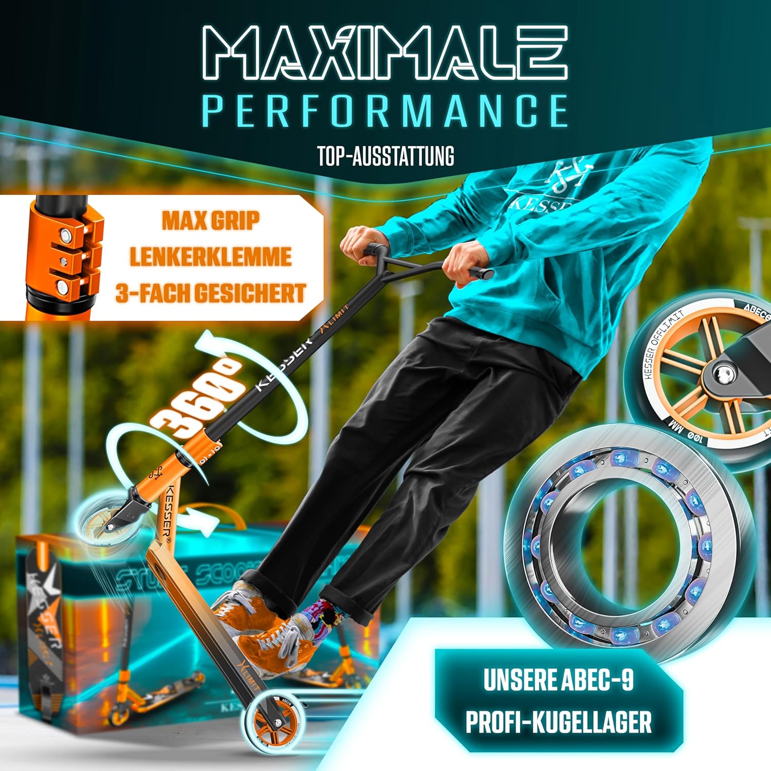 Thumbnail 6 de KESSER Stunt Scooter X-Limit mit 360°-Lenkung, ABEC 9 und 100-mm-PU-Rädern (bis 100 kg)