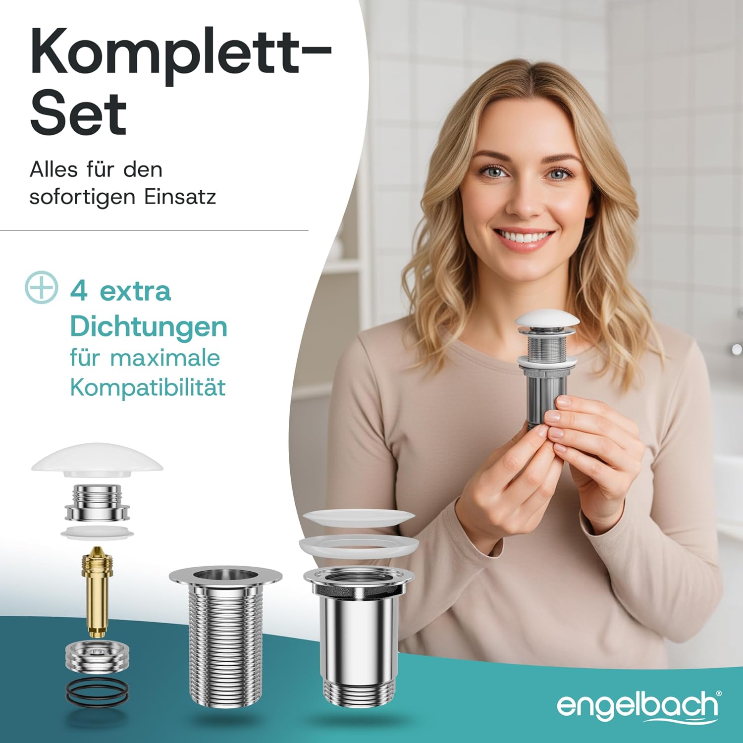 Thumbnail 6 de Engelbach Universal Waschbecken Ablaufgarnitur – Pop Up Ventil ohne Überlauf, ausziehbarer Stöpsel mit Haarsieb inkl. Anleitung