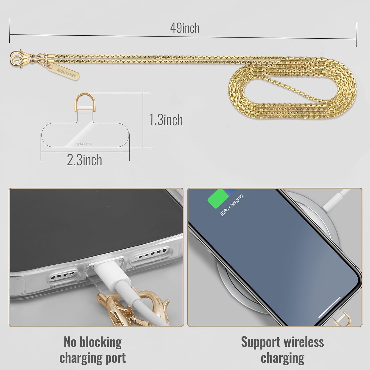 Detalle de MOUTAKEY Metal Phone Chain Crossbody Strap with 2 Detachable Tabs