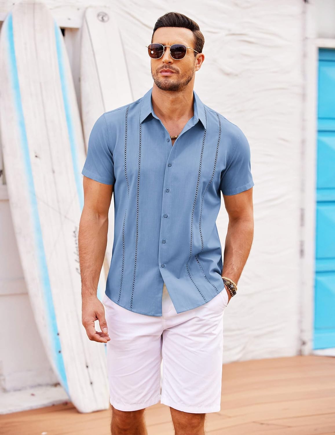 Thumbnail 3 de COOFANDY Men’s Cuban Guayabera Shirt (Short Sleeve Button-Down) for Summer