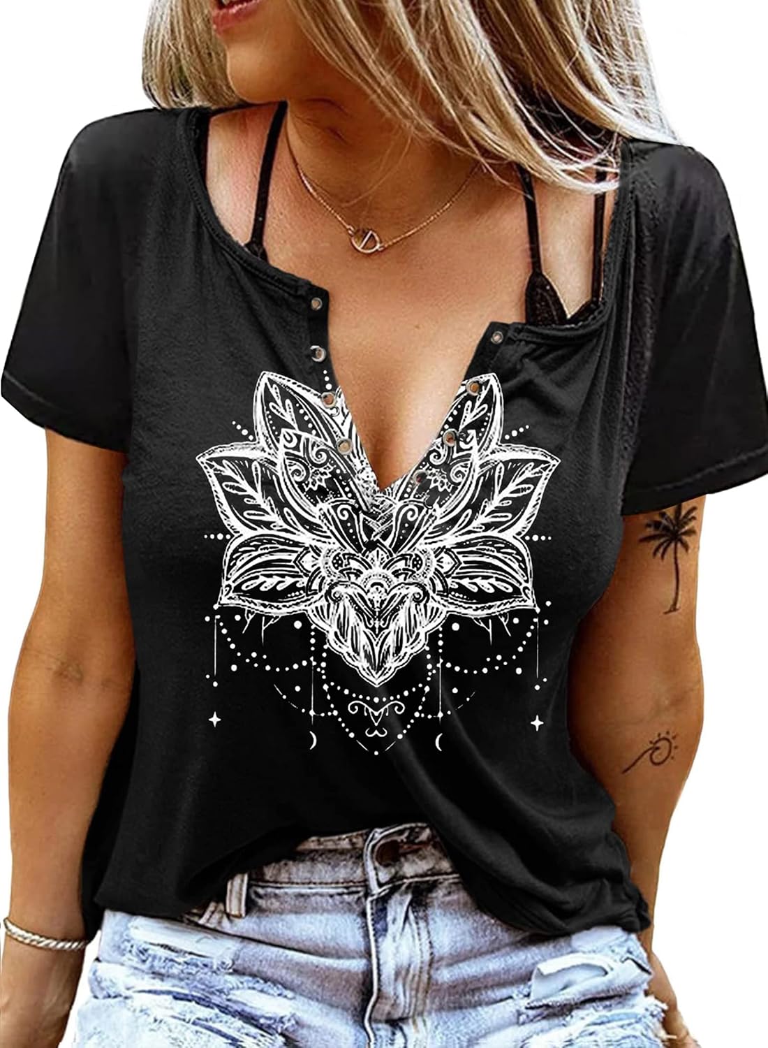 Thumbnail 5 de Eniloyal Damen T-Shirt V-Ausschnitt Sommer – Lockeres Oberteil mit Vintage-Charme