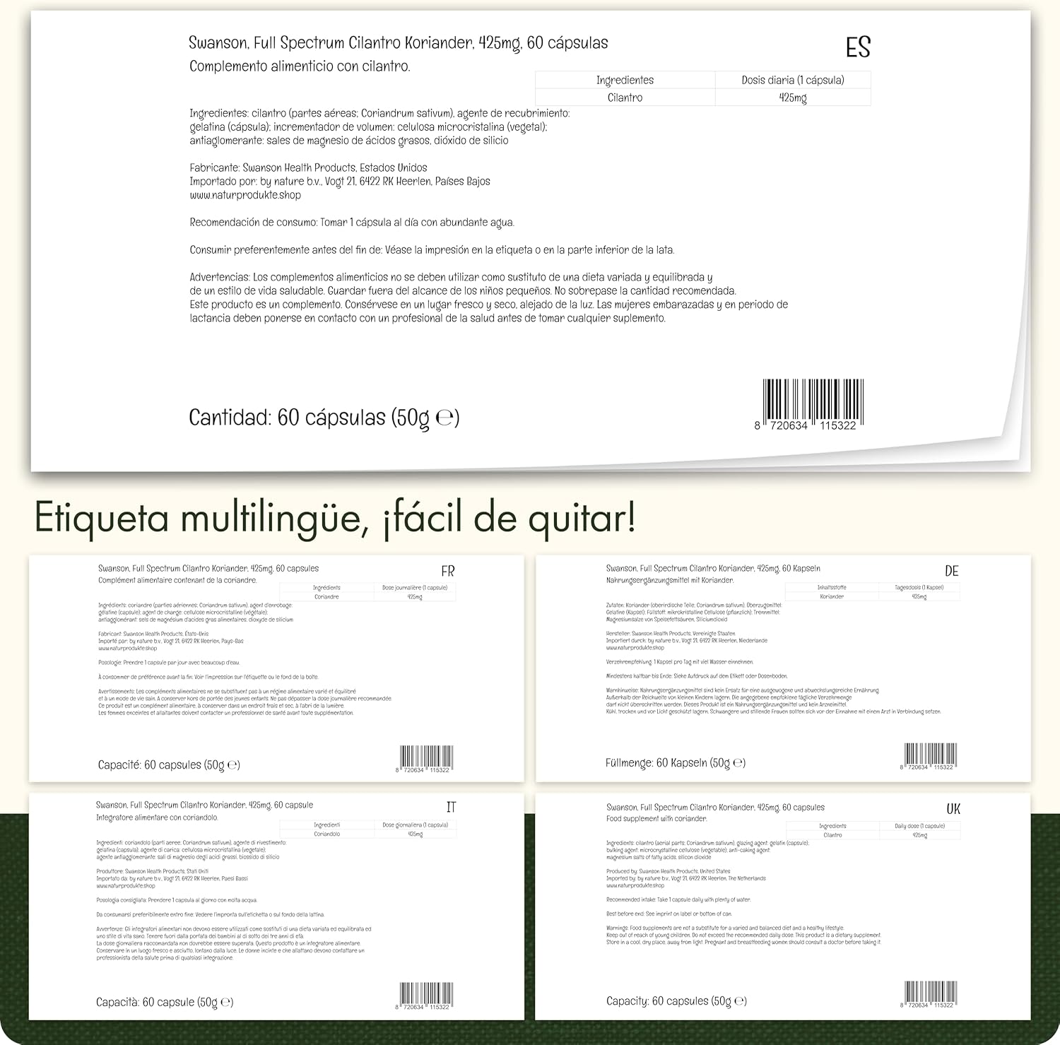 Detalle 2 de Swanson Cilantro Full Spectrum 425mg 🌿, 60 Cápsulas, Sin Gluten