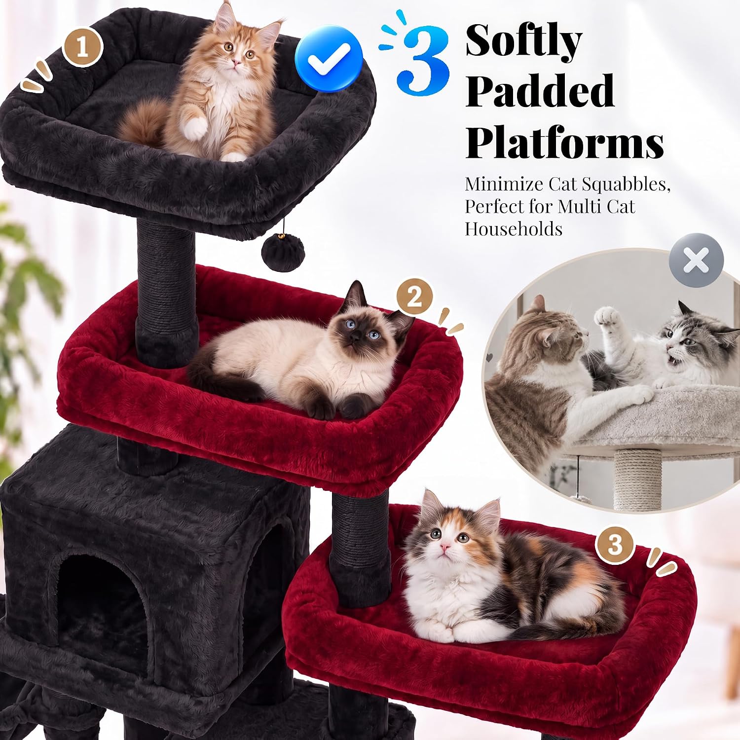 Detalle de Hey-brother MPJ038BR Cat Tree Tower, 6 Levels, Sisal Posts, Two Condos