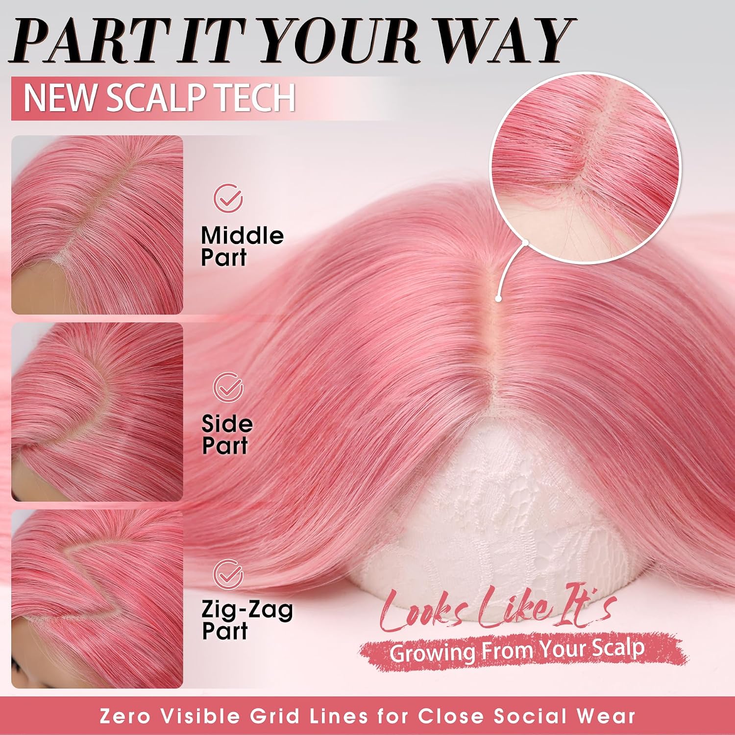 Detalle de WECAN 24-Inch Pink Ombre Layered Wig with 4x4 Free-Part Lace