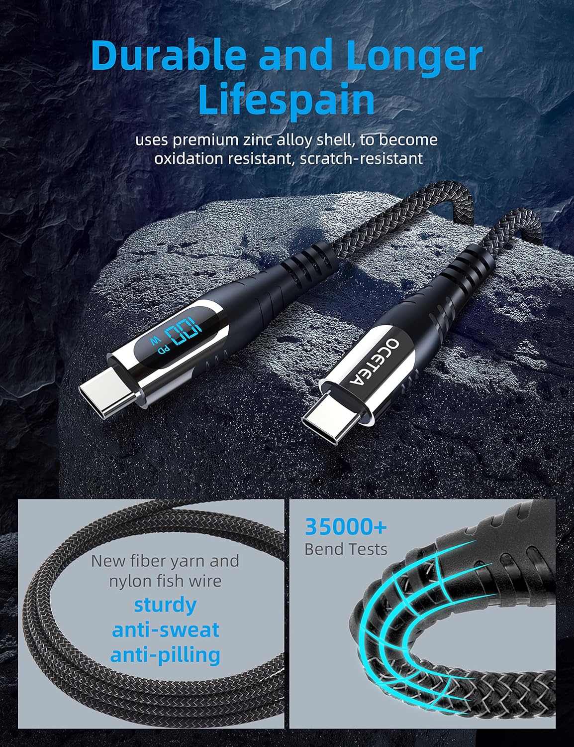 Detalle de Ocetea 100W USB-C auf USB-C Kabel mit LED-Display – PD Schnellladekabel, 3 m