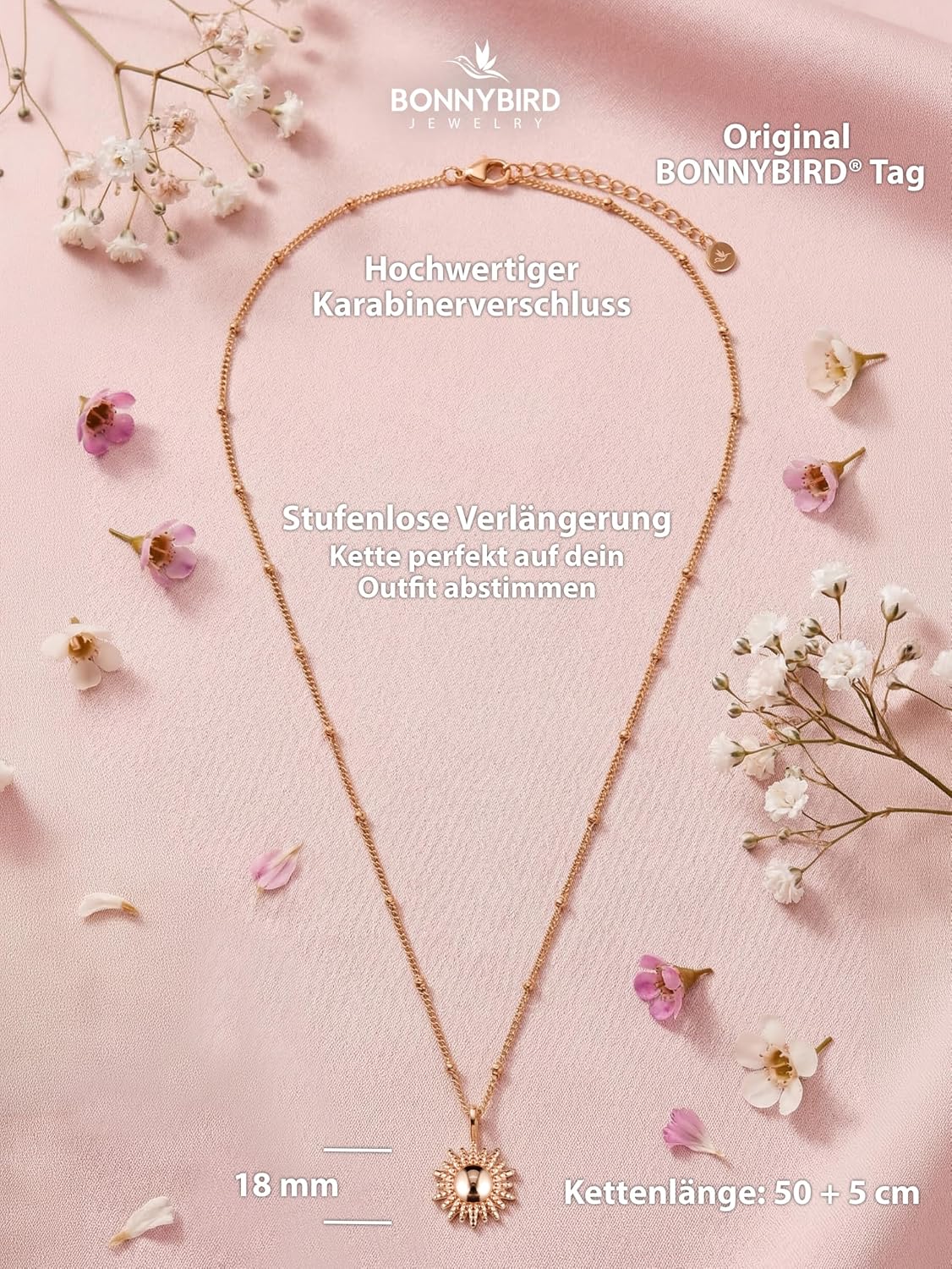 Detalle de BONNYBIRD BonnySun wasserfeste Edelstahlkette Sonne für Damen (Silber, Gold & Roségold) – 100% wasserfest & hautverträglich