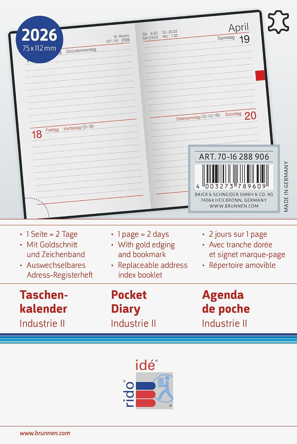 Thumbnail 3 de rido/idé Taschenkalender Mod. Industrie II 2026 – A7 Leder, schwarz