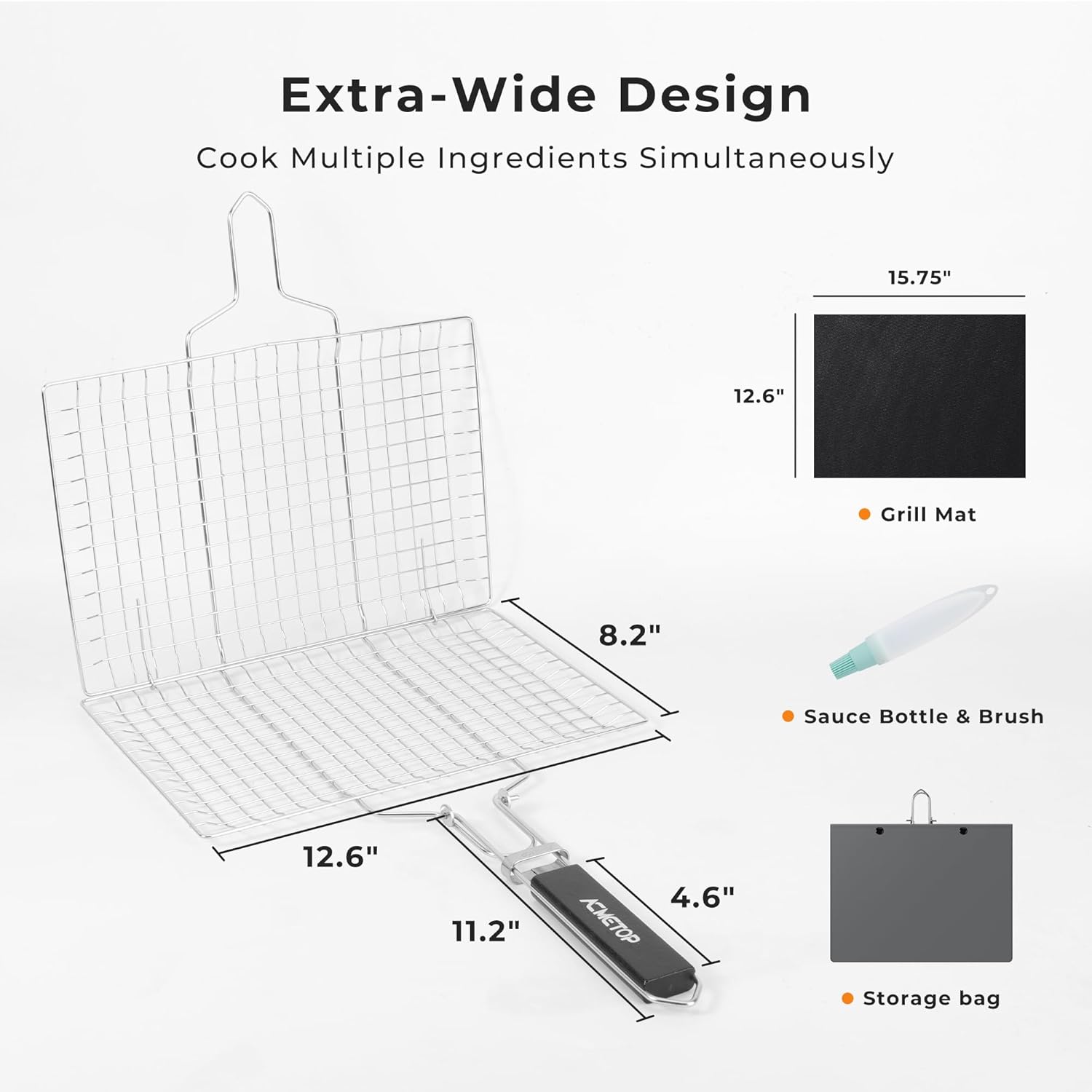 Thumbnail 2 de ACMETOP Portable BBQ Grill Basket (Stainless Steel) for fish, veg & shrimp