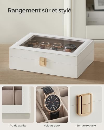 Detalle de SONGMICS Boîte à Montres 10 Emplacements JWB010W01 – Coffret écrin avec couvercle en verre et serrure en métal
