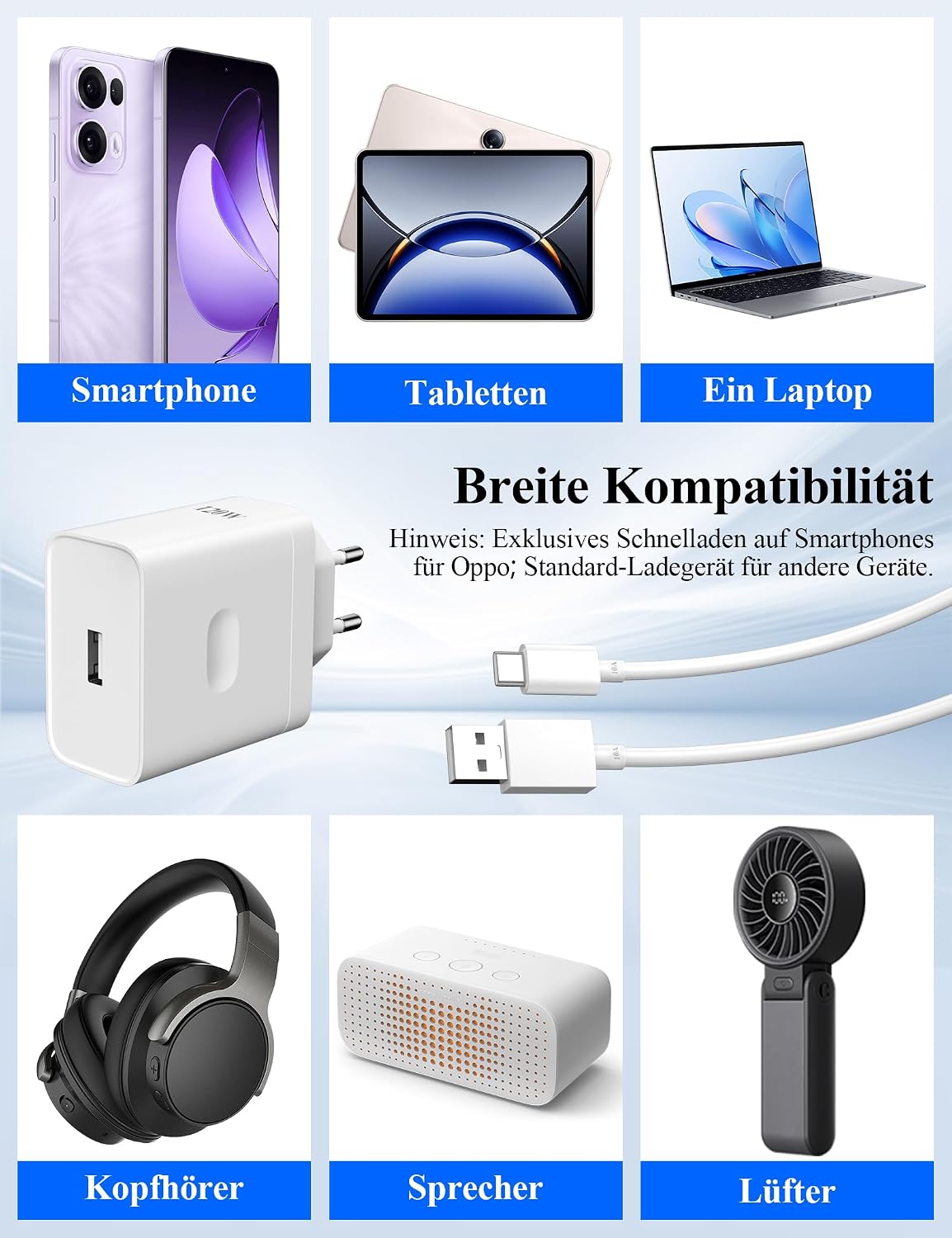 Thumbnail 5 de TOPAUX 120W 10A 2M SUPER-VOOC USB Ladegerät + USB-C Kabel für Oppo Find X9 Serie und Reno Pro Modelle