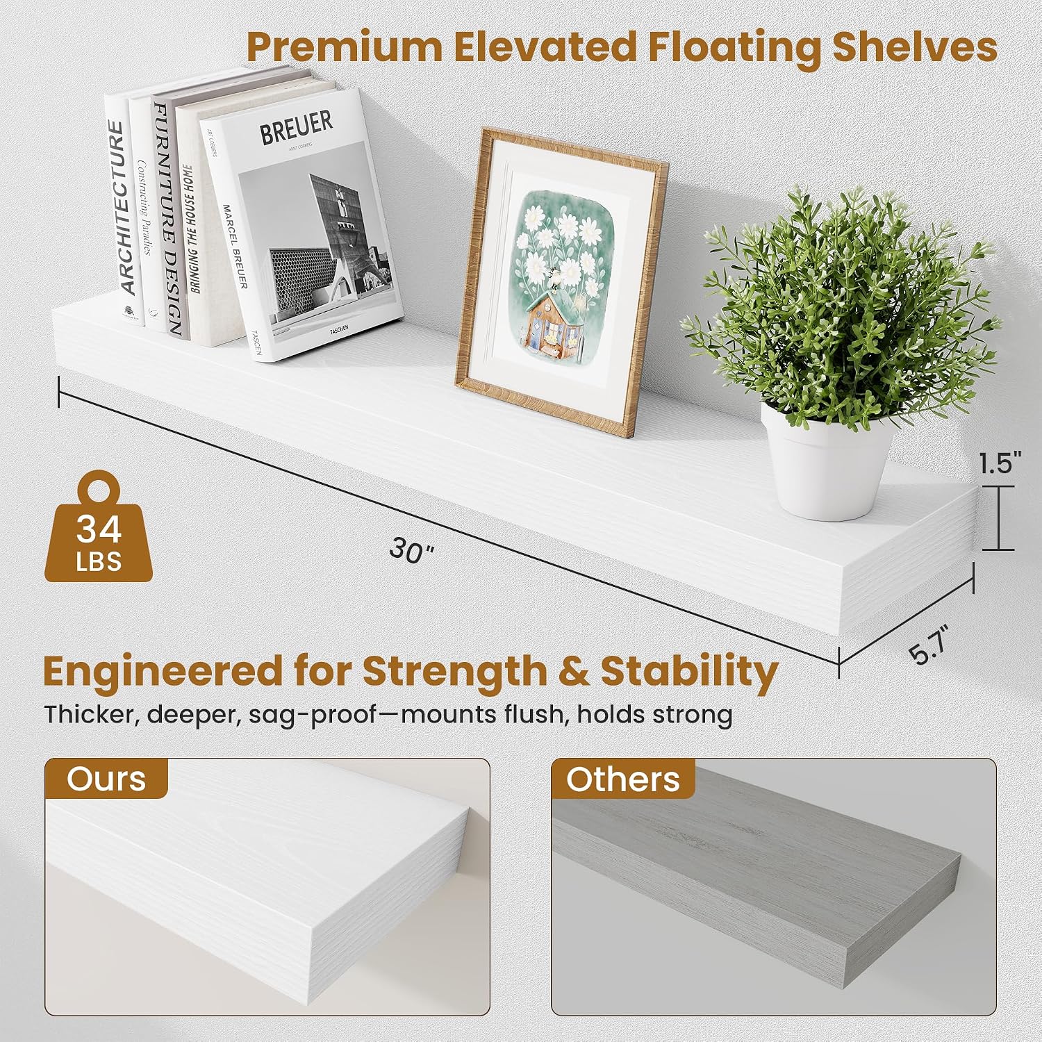 Detalle de Fun Memories Rustic Floating Shelves, 30-Inch White Set of 2