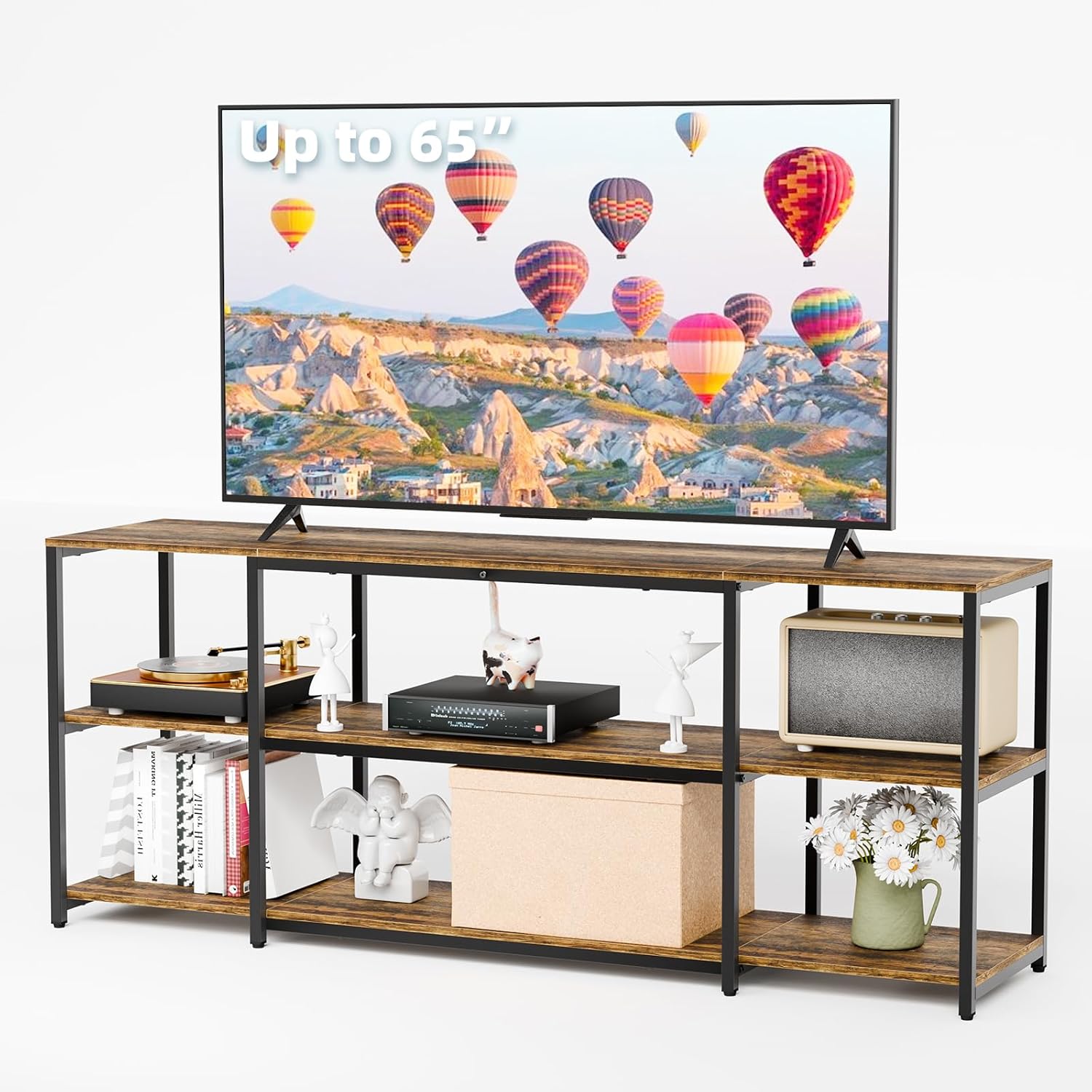 Detalle de Aquzee TV Stand for 65 Inch TV – Rustic 58.3" Wide Entertainment Center with Open Storage